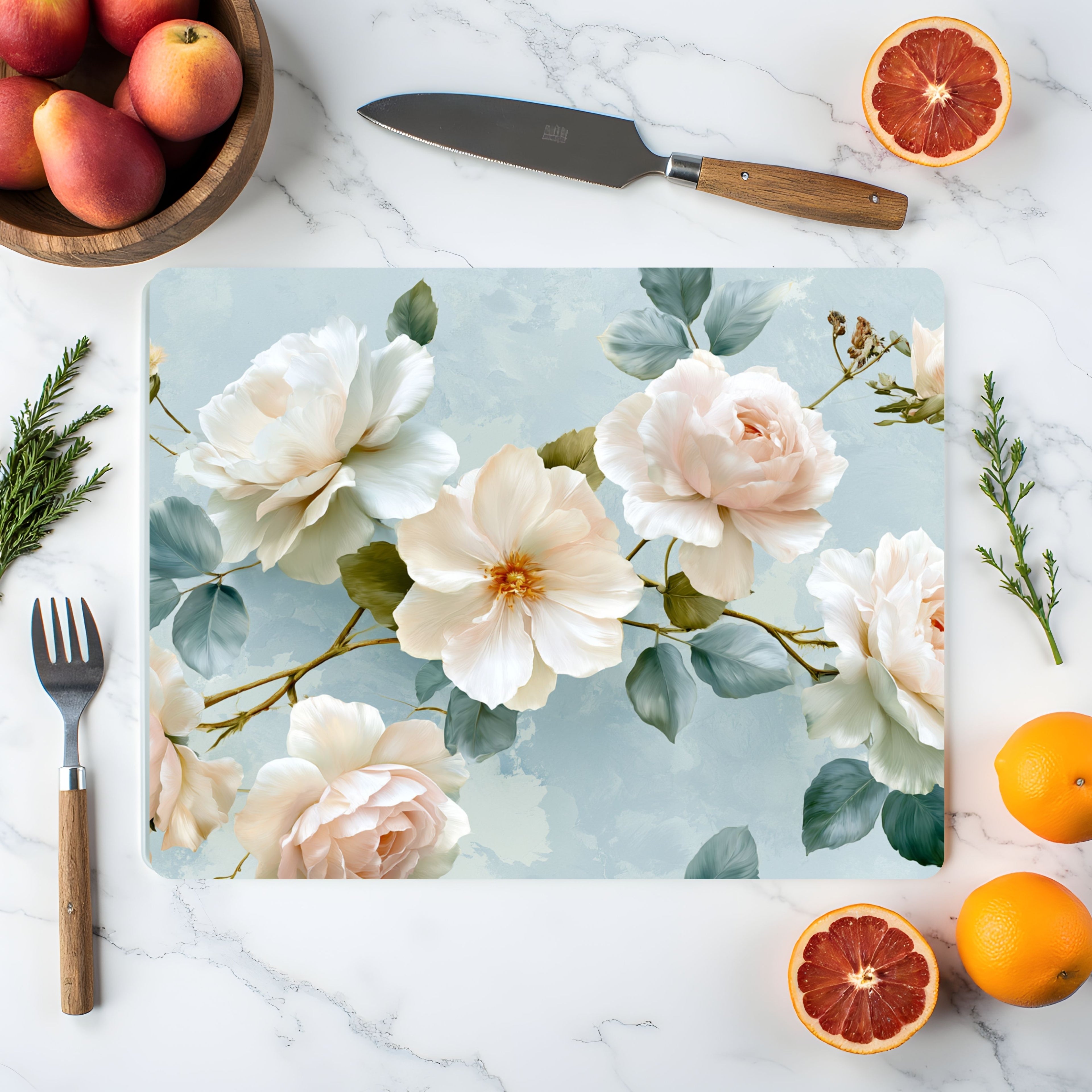 Personalized Camellia Glass Cutting Board with Custom Name Floral Kitchen Decor