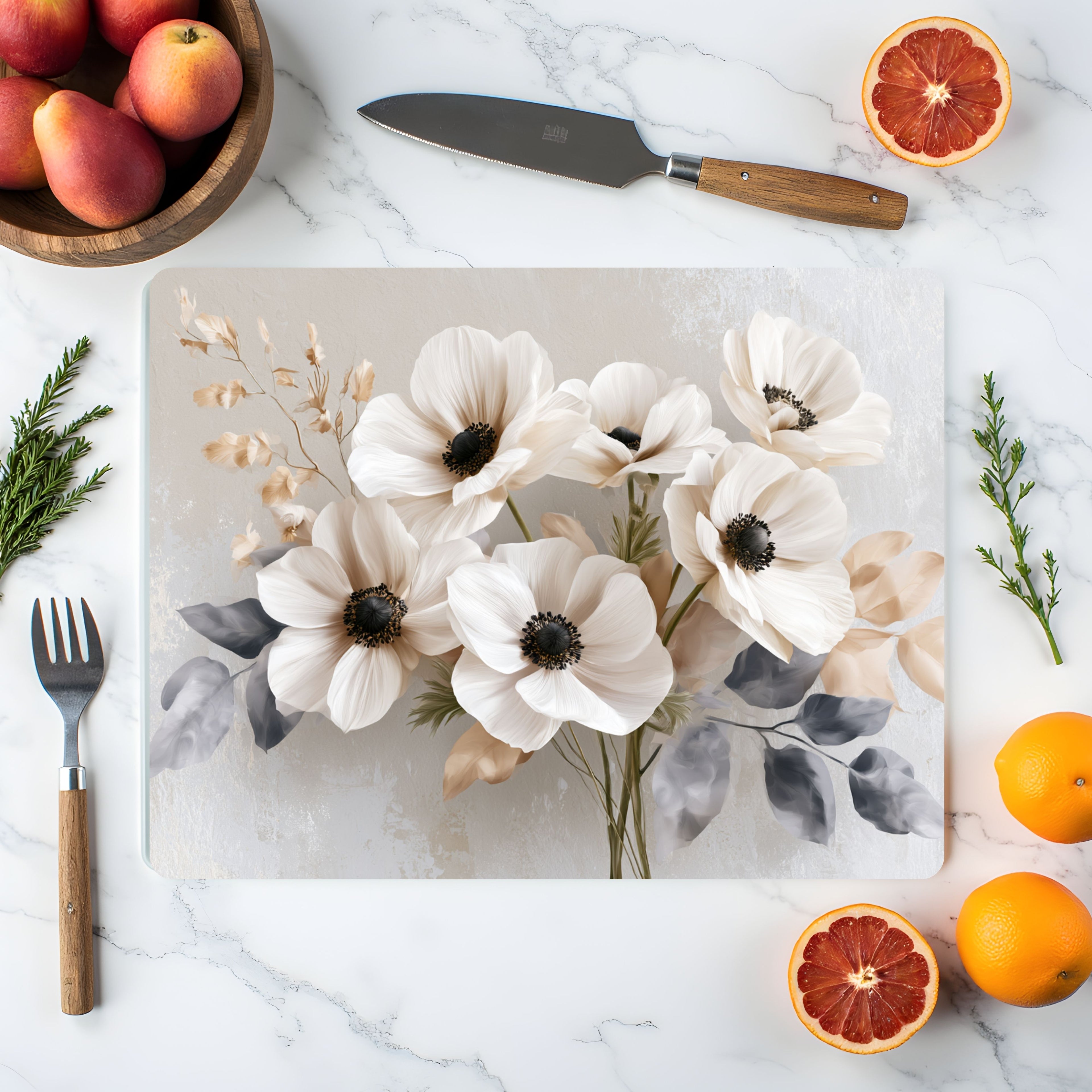 Anemone Bloom Glass Cutting Board Personalized for Elegant Floral Kitchens