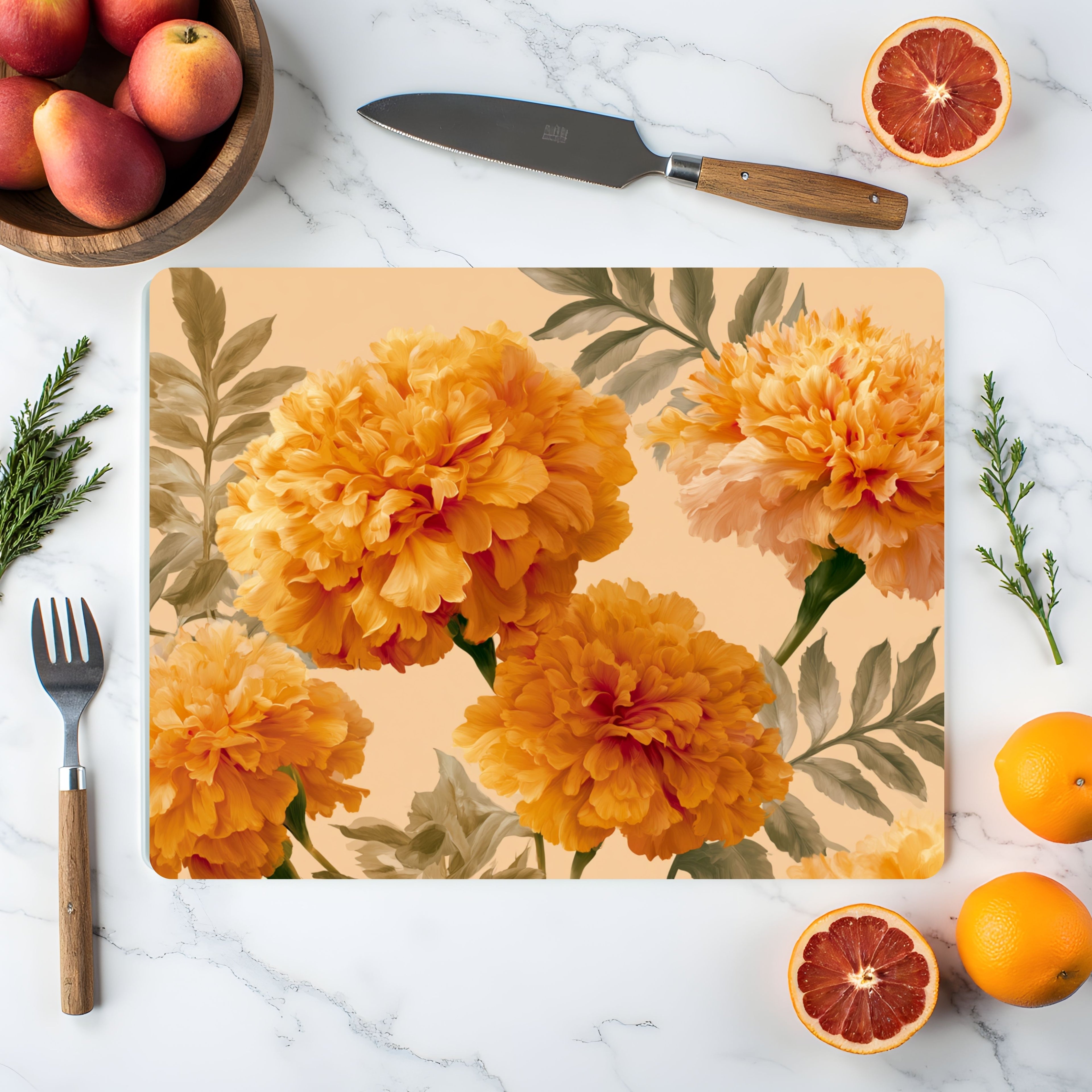 Marigold Bloom Glass Cutting Board Personalized for Sunny Kitchen Style