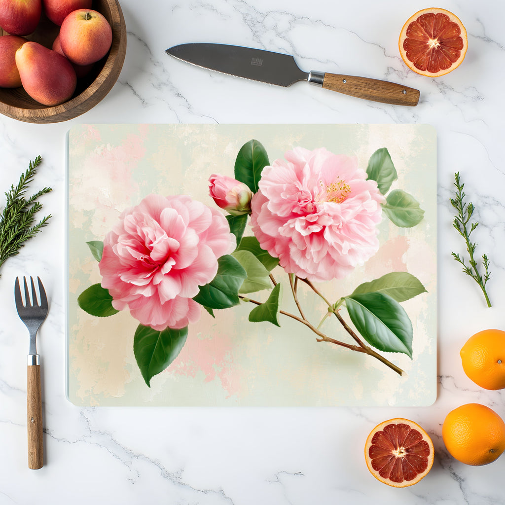 Camellia Blossom Glass Cutting Board Personalized for Timeless Kitchen Elegance