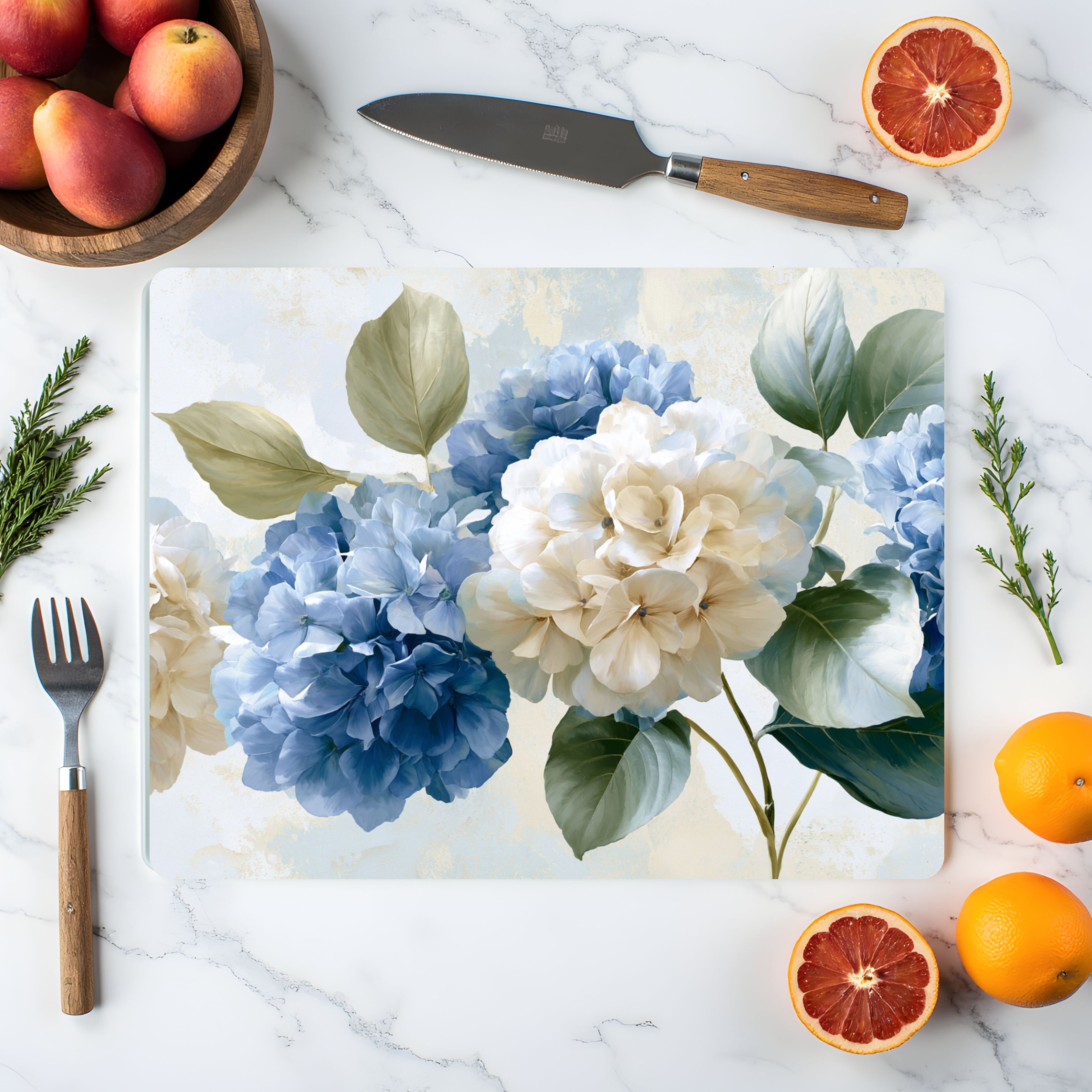 Hydrangea Bloom Glass Cutting Board Personalized for Garden Inspired Kitchen Décor