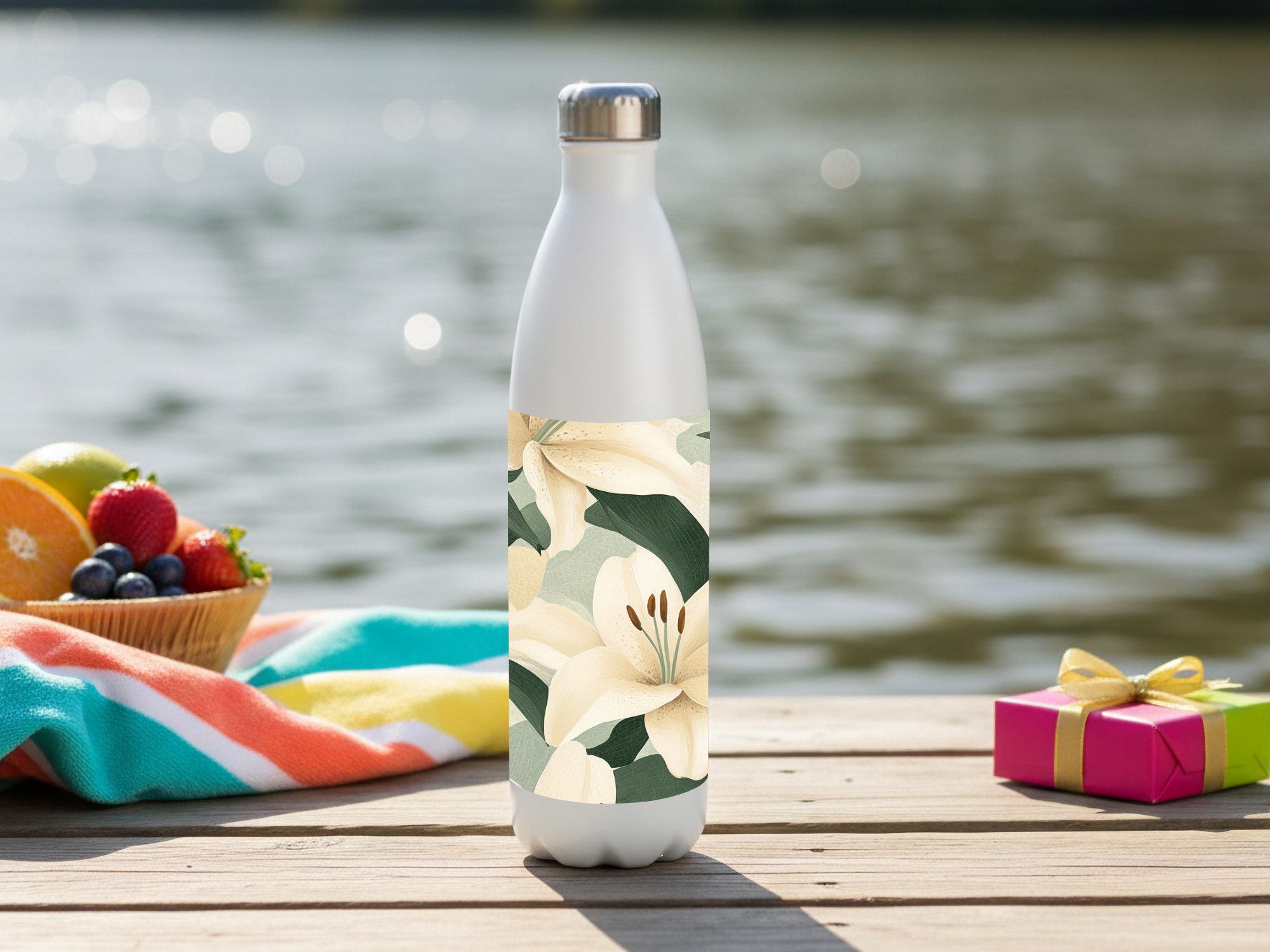 Lily Stainless Steel Water Bottle Personalized for Lakeside Bloom Escapes