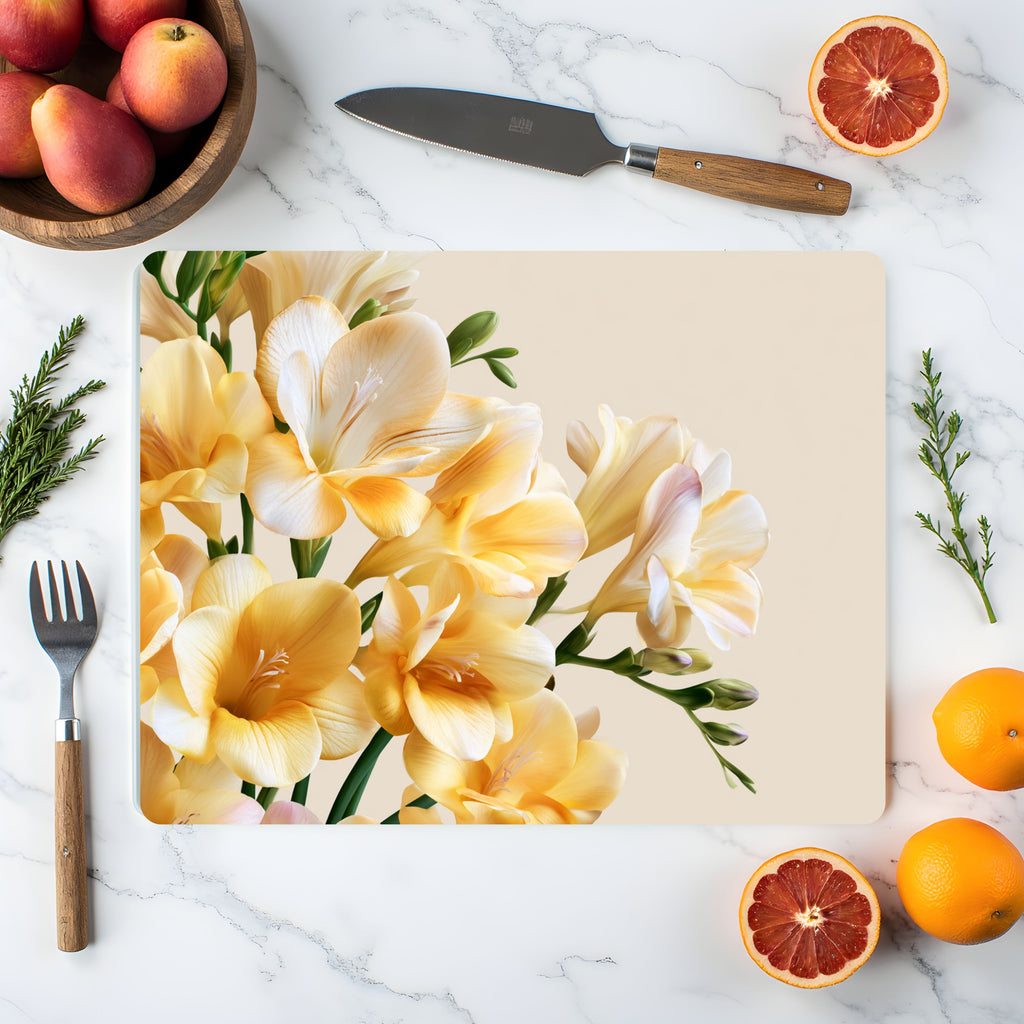 Personalized Freesia Glass Cutting Board with Custom Name Botanical Kitchen Decor