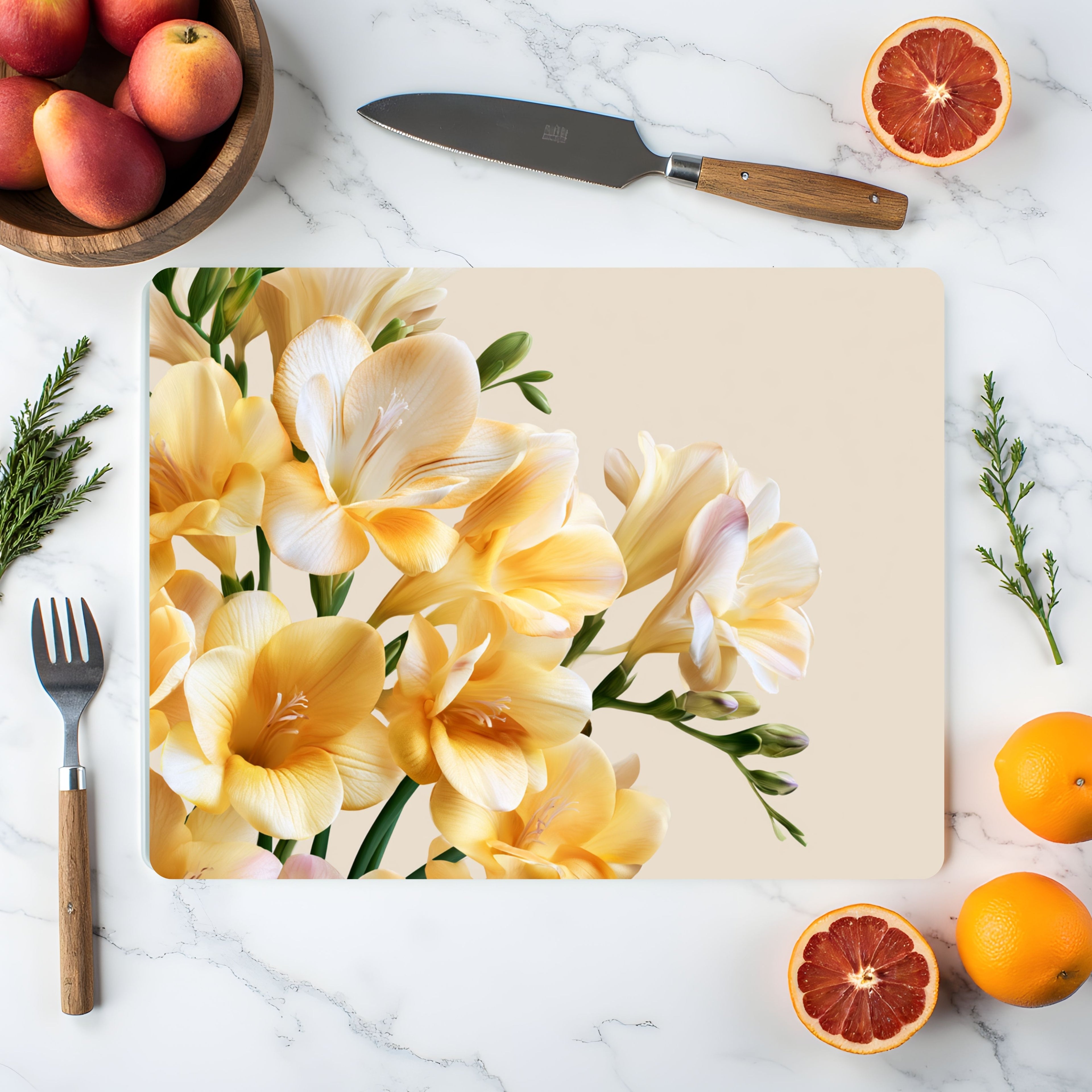 Personalized Freesia Glass Cutting Board with Custom Name Botanical Kitchen Decor