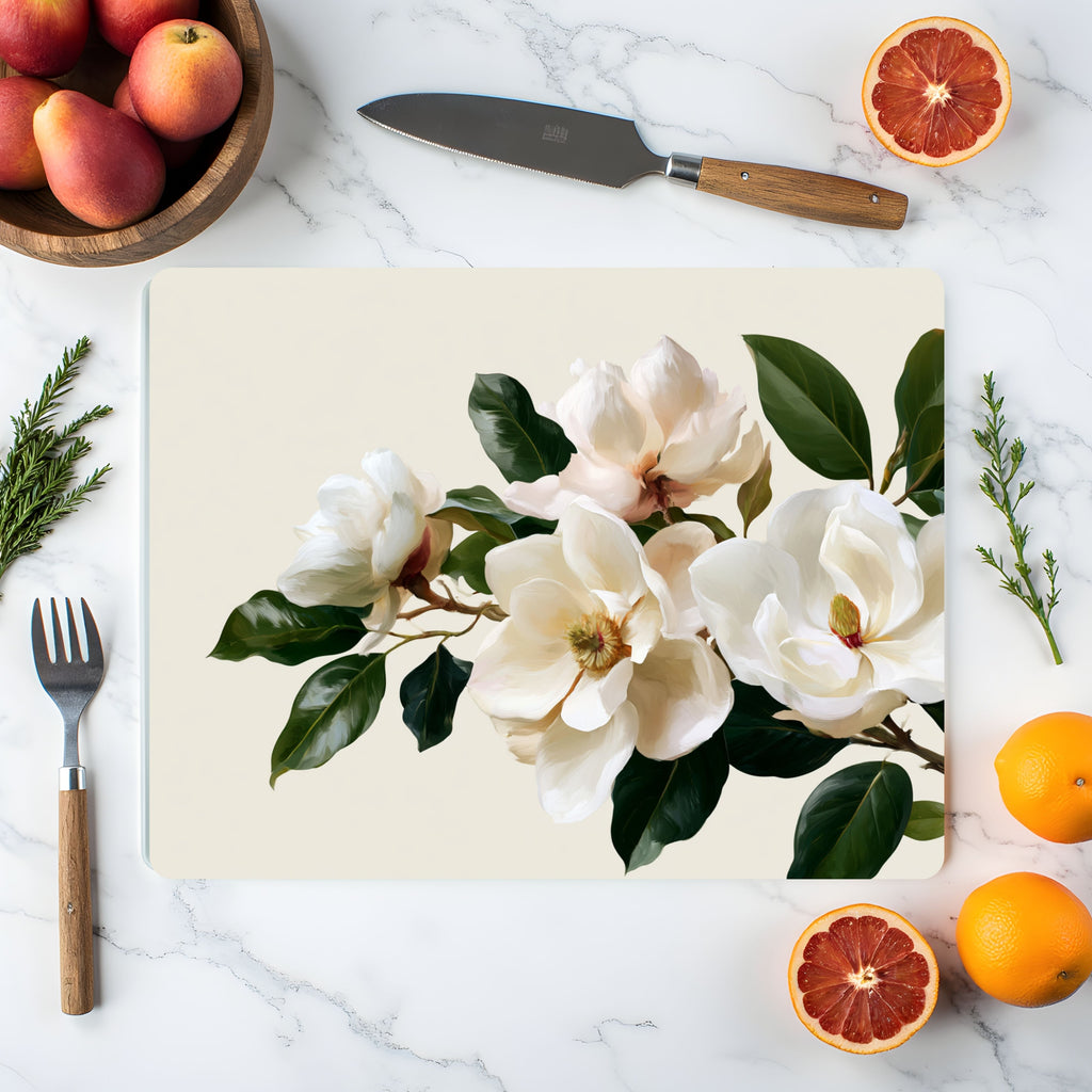 Magnolia Bloom Glass Cutting Board Personalized for Elegant Kitchen Gatherings