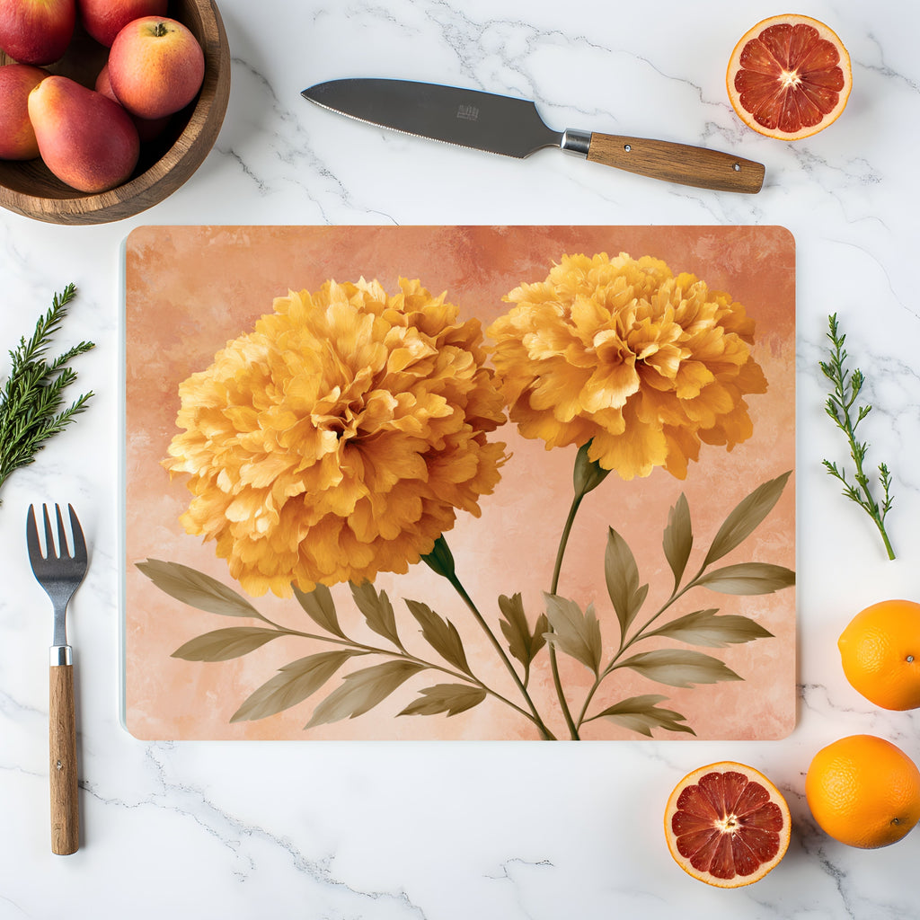 Tagetes Bloom Glass Cutting Board Personalized for Cheerful Kitchen Décor
