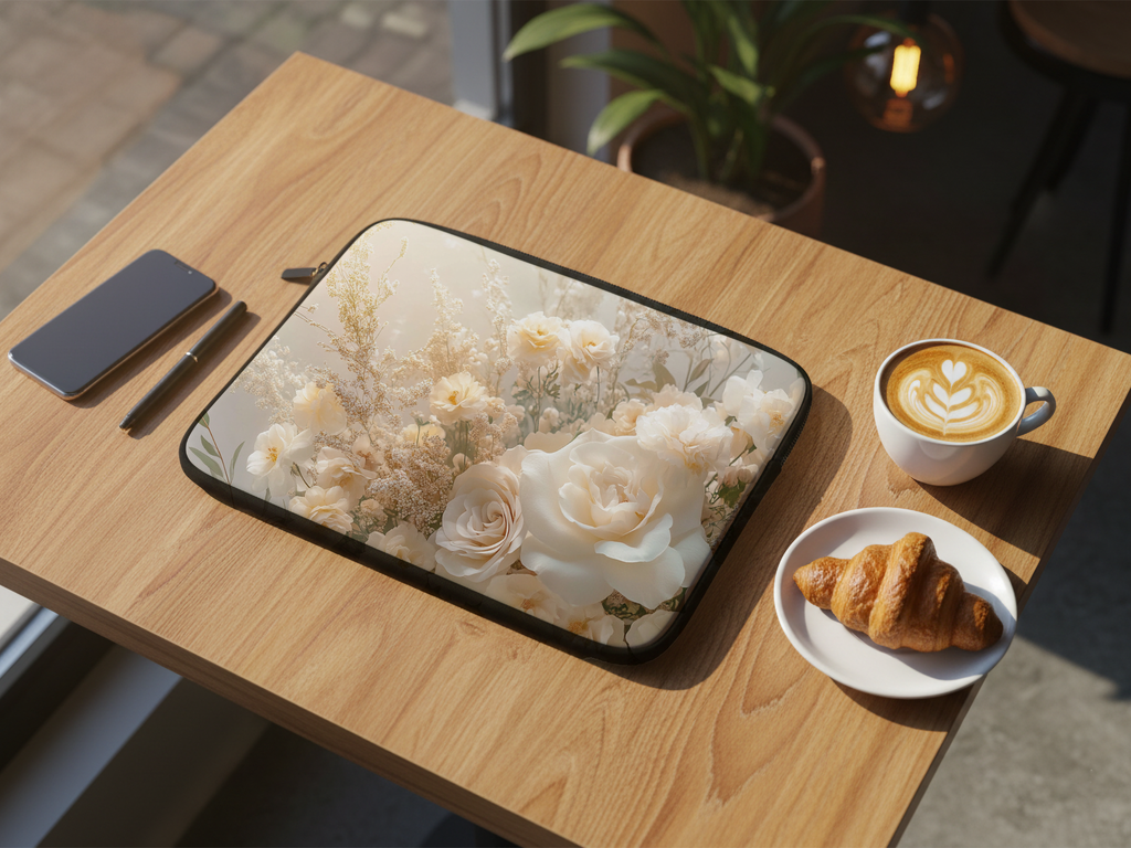 Cream Rose Computer Carry Case with Personalized Name Floral Tech Sleeve