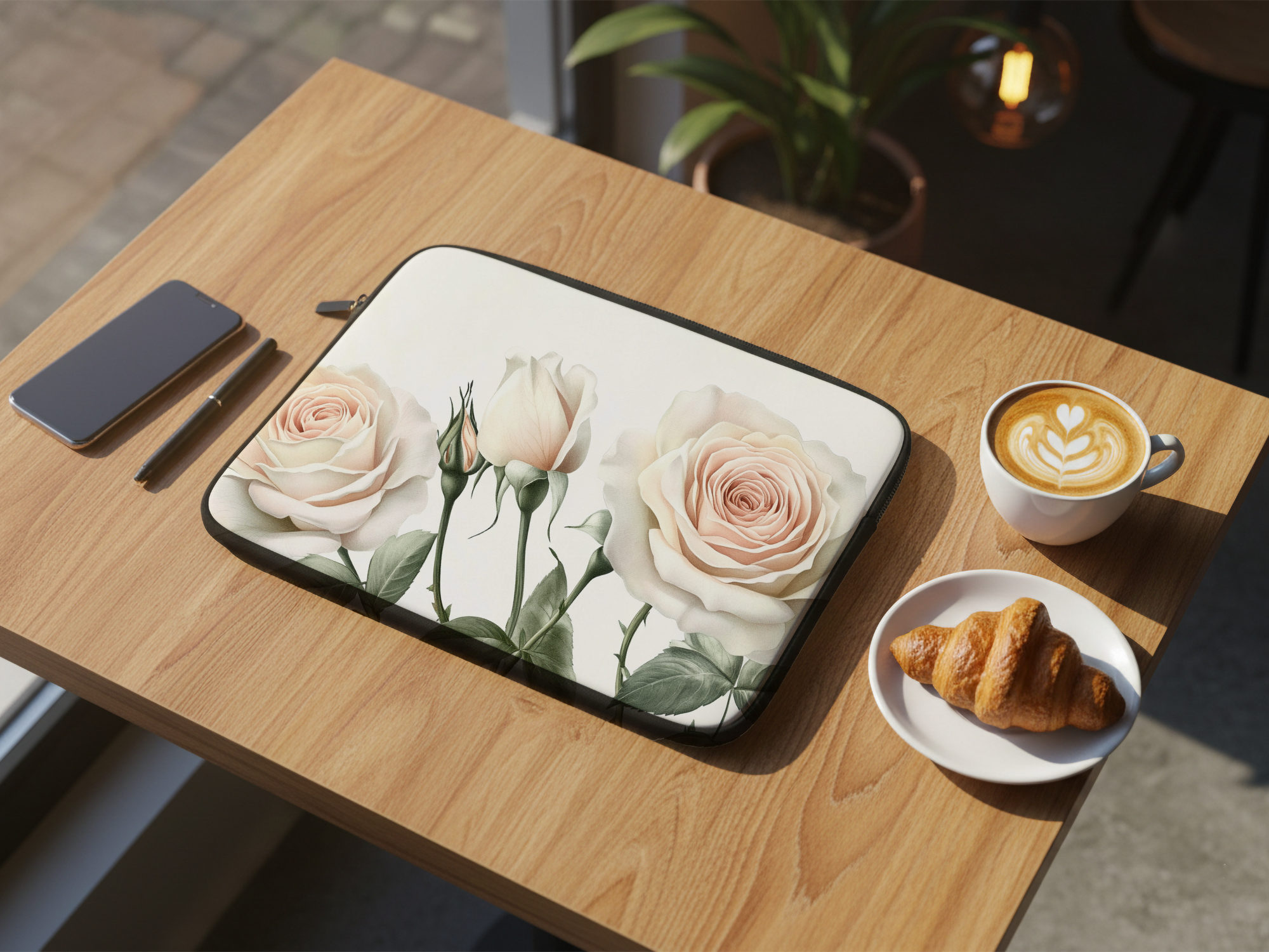 Blush Rose Laptop Portfolio Personalized with Name Romantic Botanical Sleeve