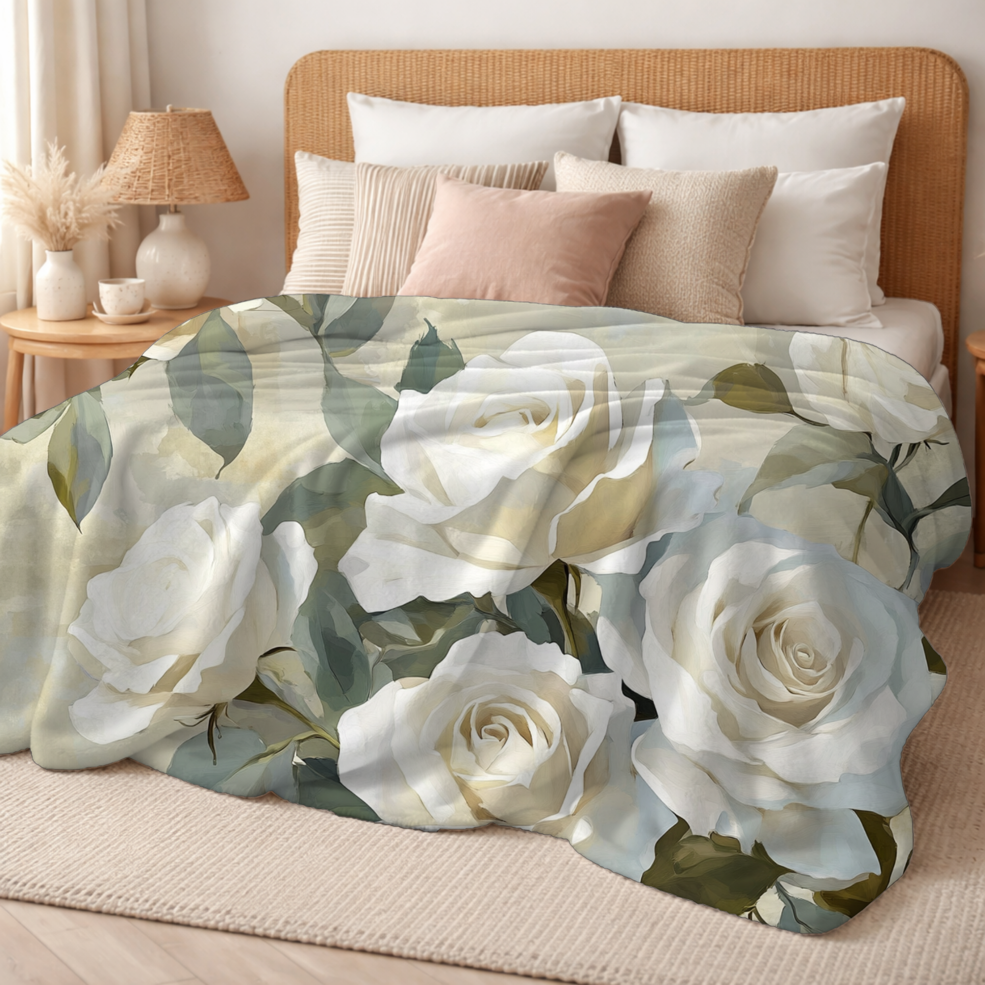 Personalized White Rose Cottage Sherpa Blanket with Custom Name