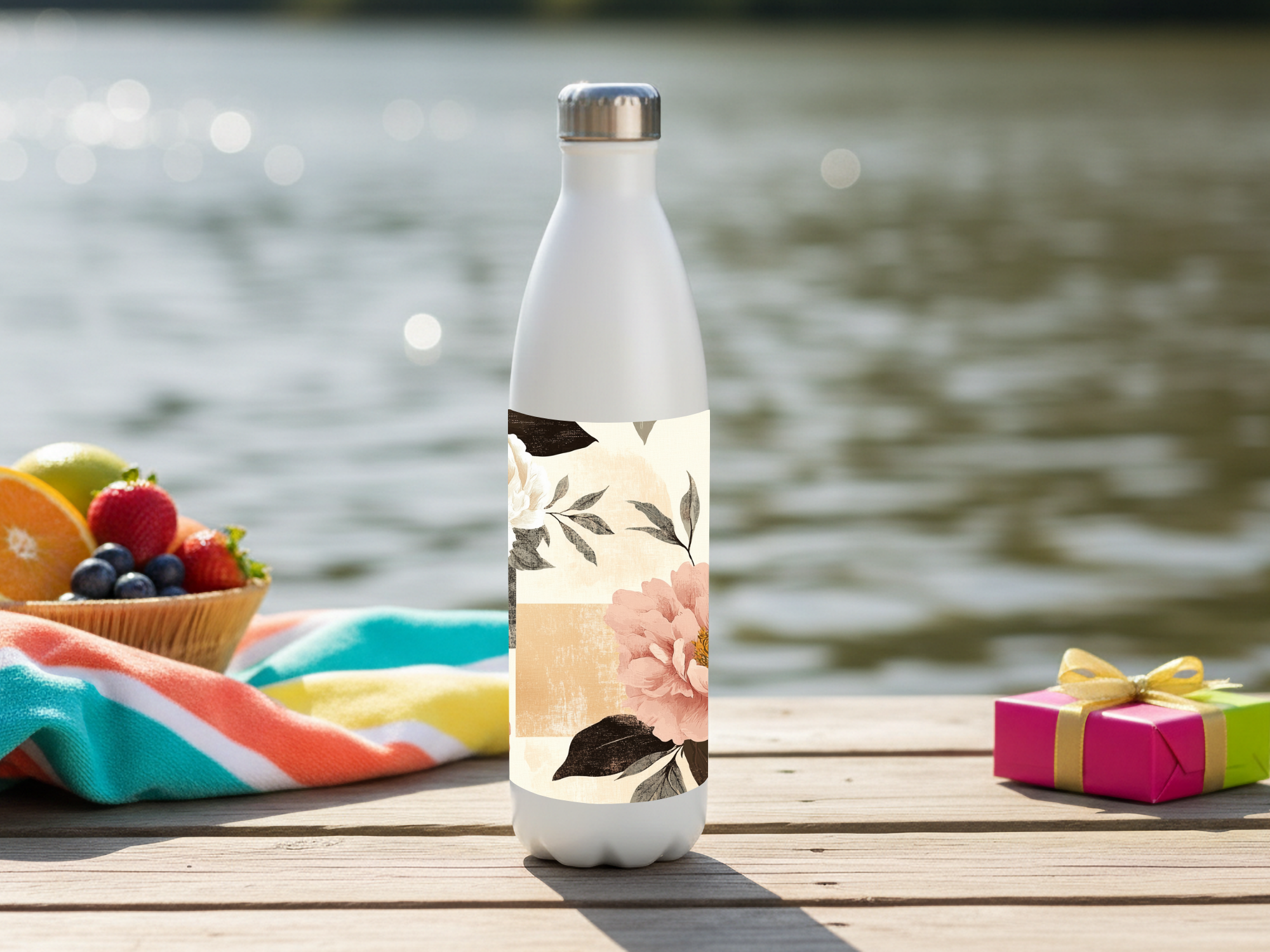 Personalized Peony Stainless Steel Water Bottle with Custom Name Floral Design