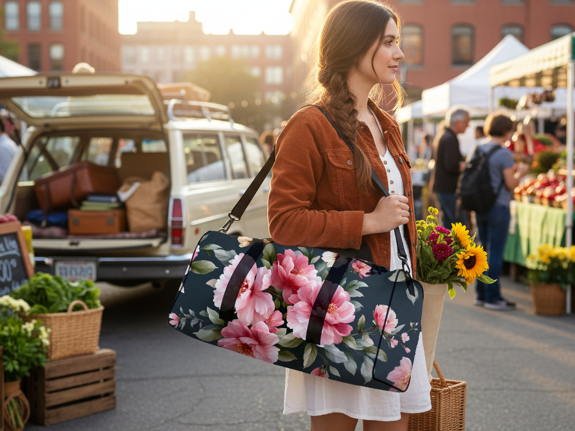 Custom Floral Travel Duffle Bag with Personalized Name for Weekend Getaways