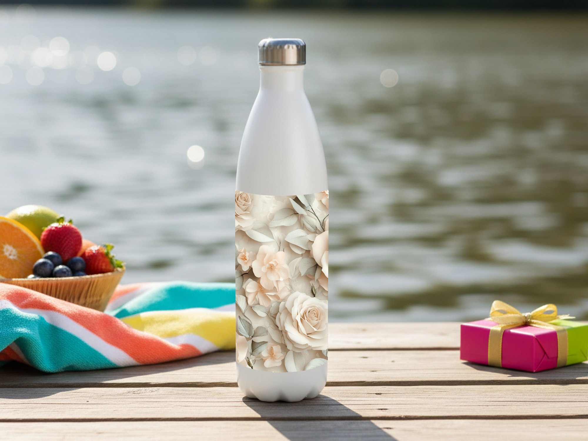 Cream Rose Petal Retreat Water Bottle with Personalized Name