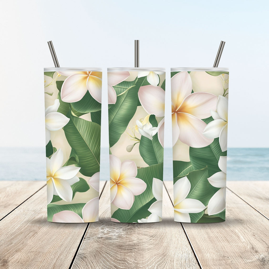 Custom White Plumeria Stainless Steel Travel Tumbler with Personalized Name