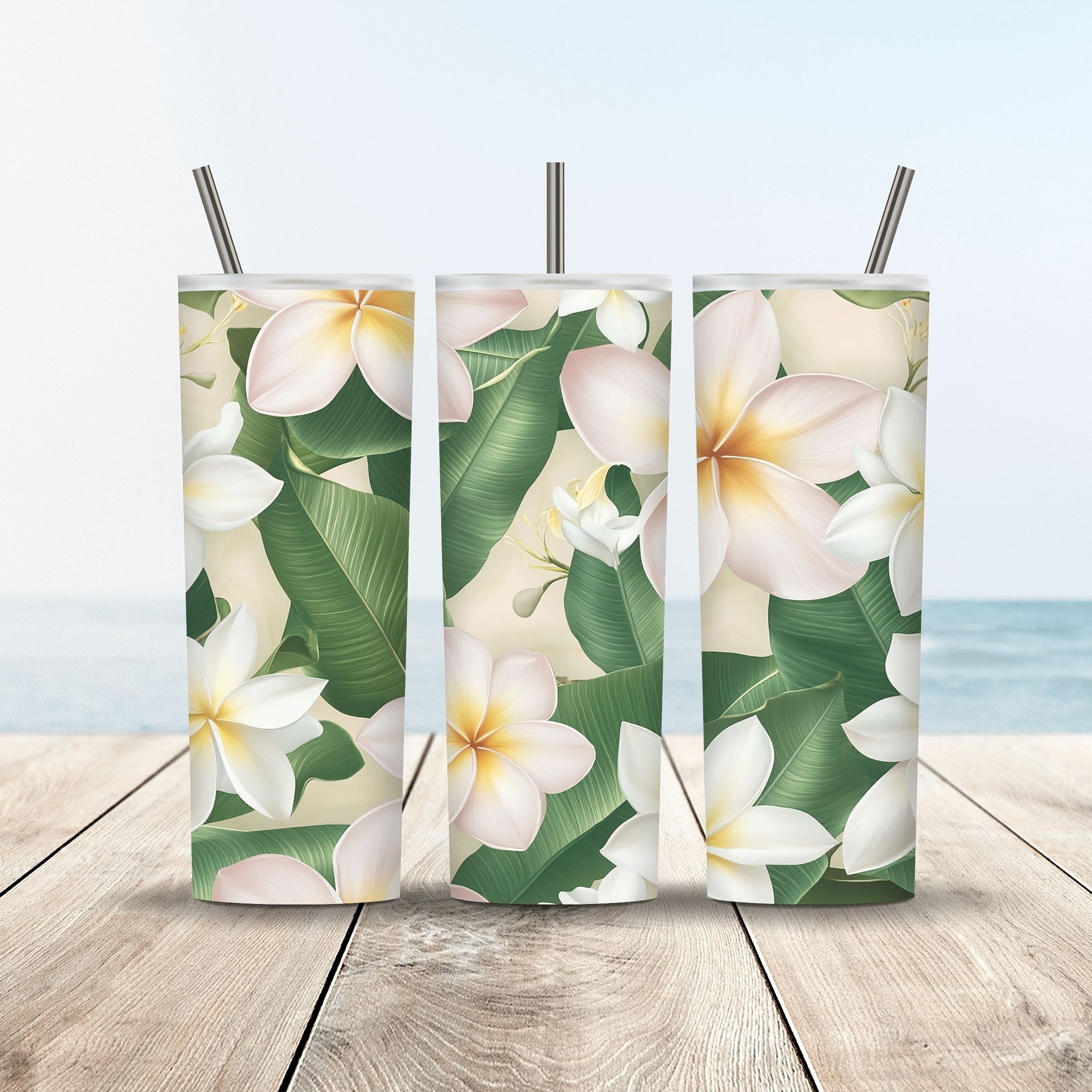 Custom White Plumeria Stainless Steel Travel Tumbler with Personalized Name
