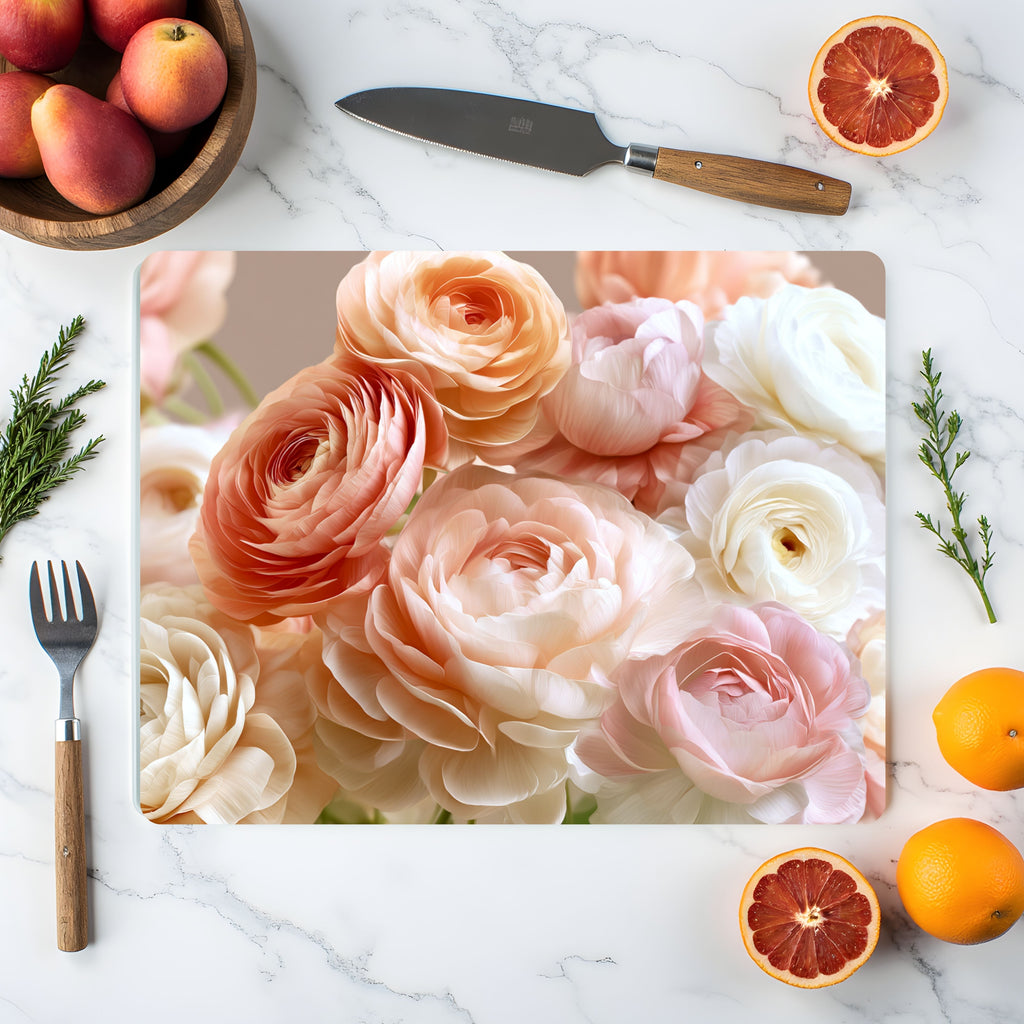 Ranunculus Bloom Glass Cutting Board Personalized for Charming Kitchen Entertaining