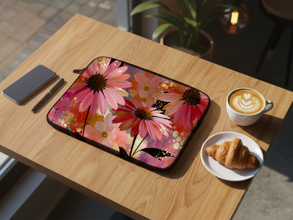 Echinacea Bloom Laptop Sleeve with Personalized Name Botanical Travel Cover