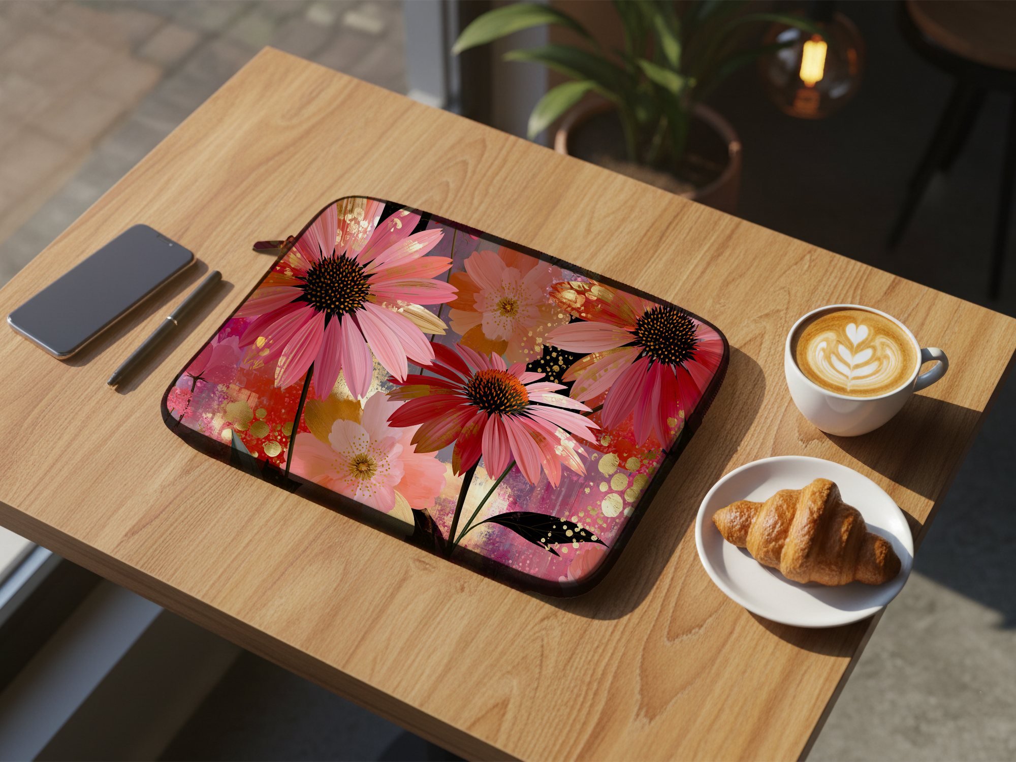 Echinacea Bloom Laptop Sleeve with Personalized Name Botanical Travel Cover