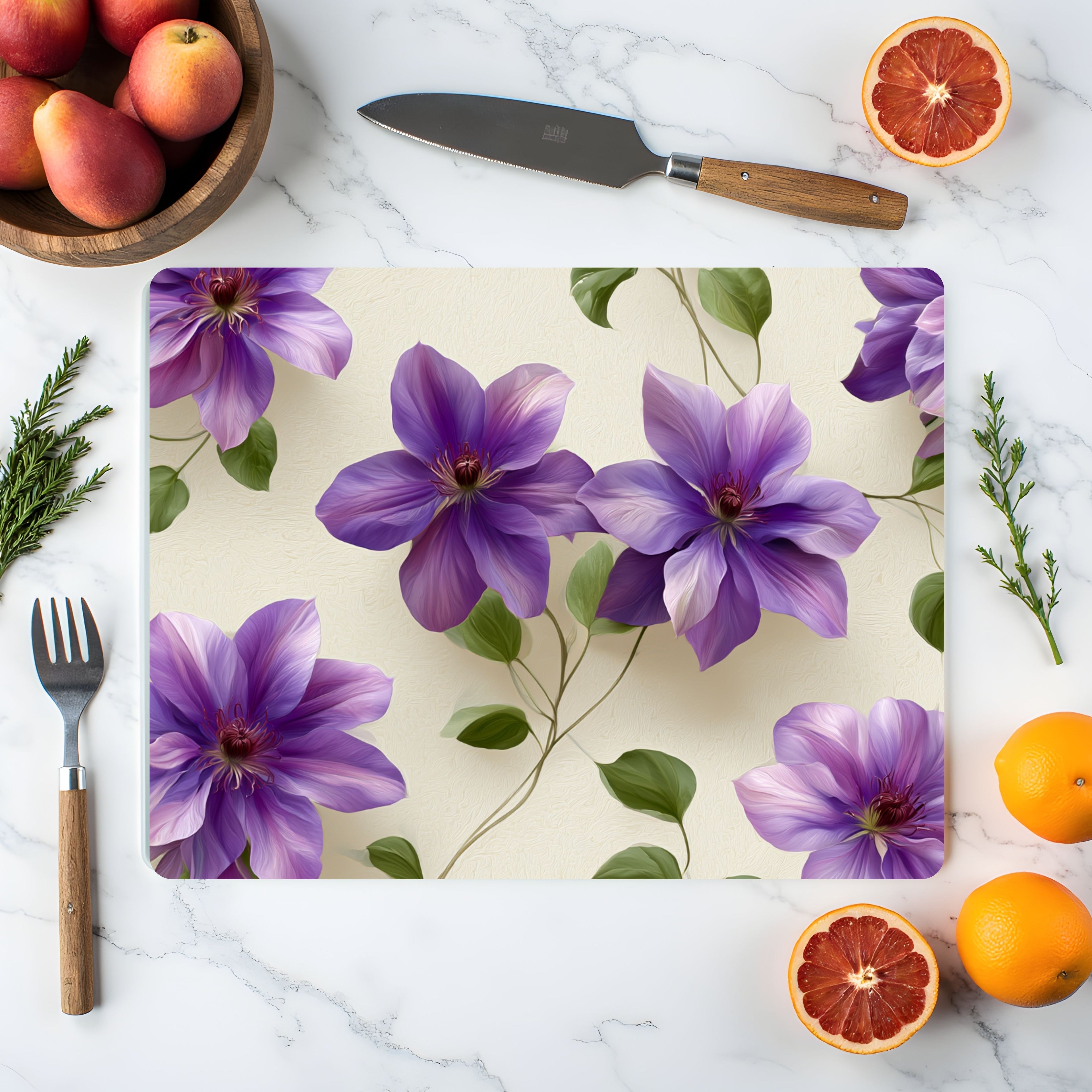 Clematis Garden Glass Serving Board Personalized for Floral Kitchen Styling