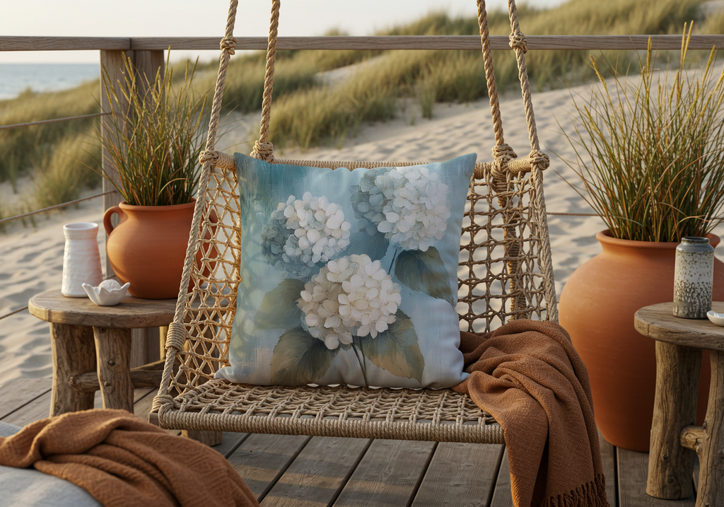 Personalized Cream Hydrangea Elegance Pillow with Custom Name