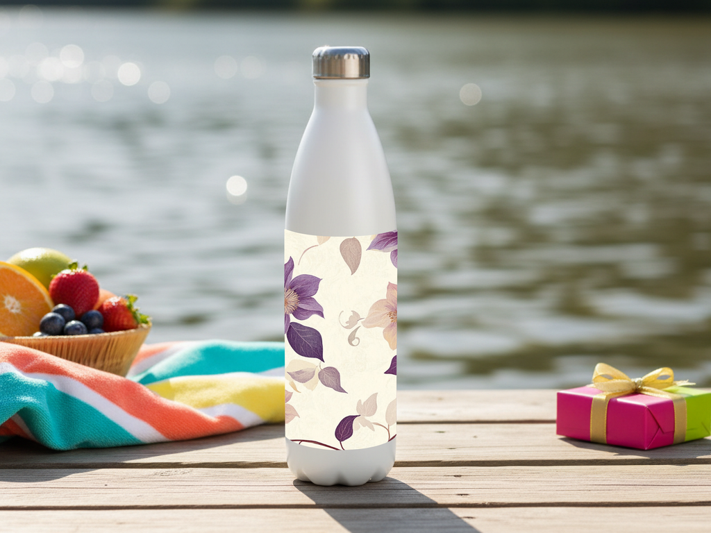 Personalized Clematis Water Bottle with Custom Name Floral Vine Artwork