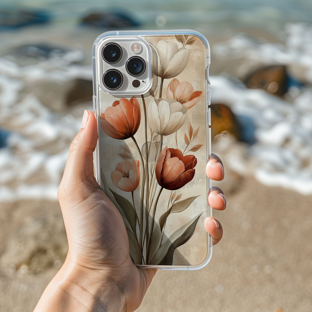 Personalized Boho Tulip iPhone Case with Custom Name & Elegant Floral Cover