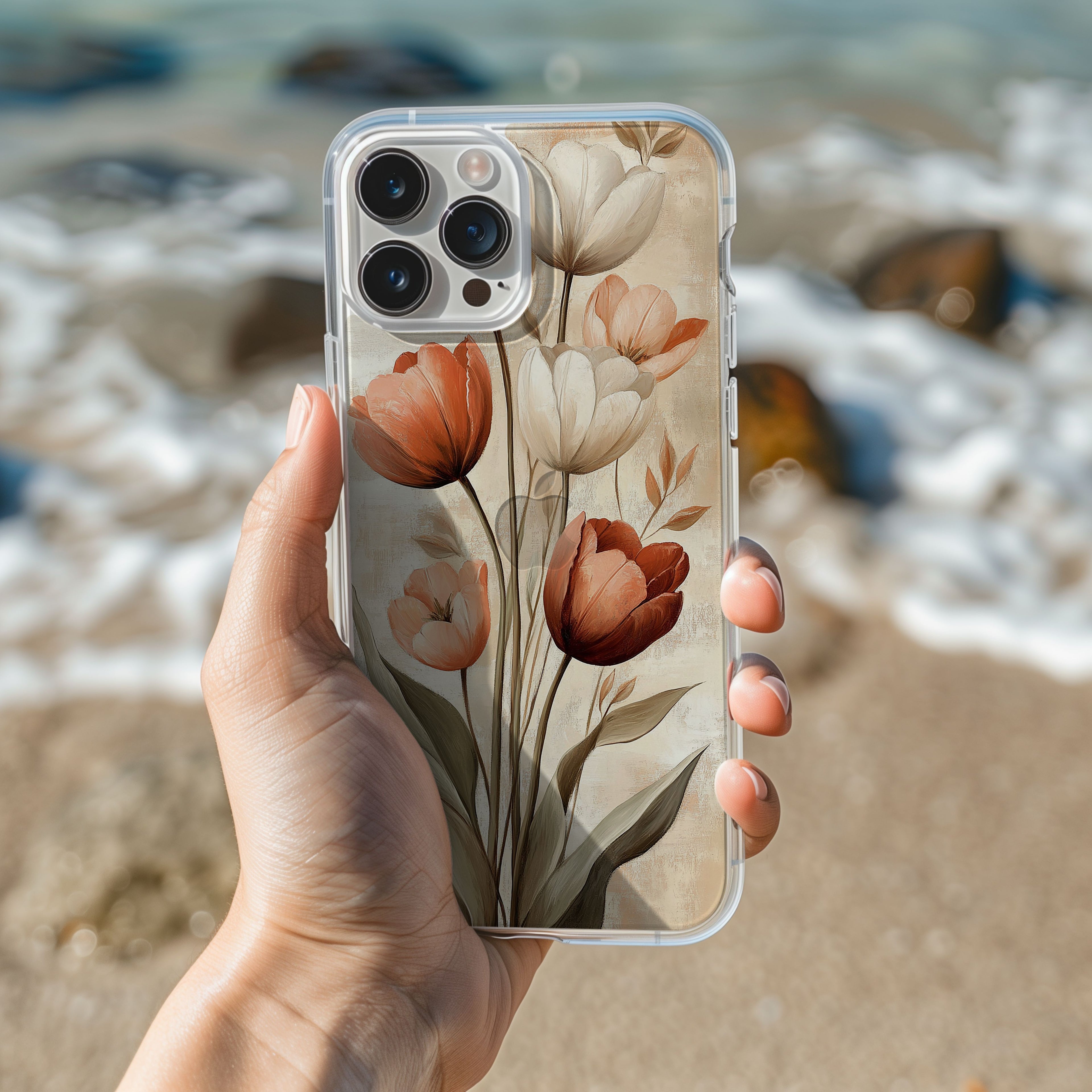 Personalized Boho Tulip iPhone Case with Custom Name & Elegant Floral Cover