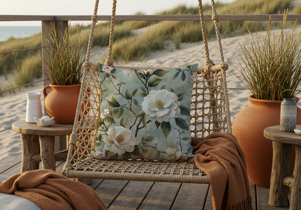 Personalized White Camellia Conservatory Pillow with Custom Name