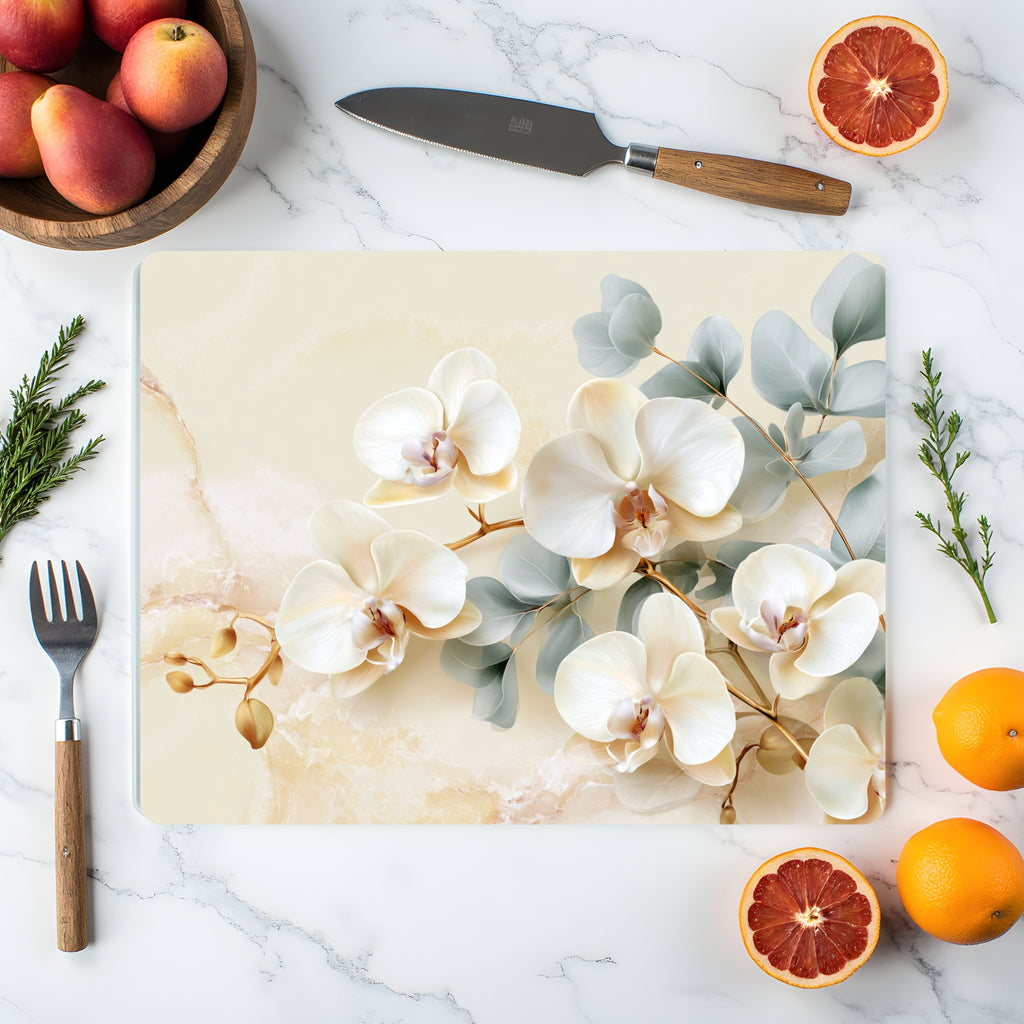 White Orchid Glass Cutting Board Personalized for Sophisticated Kitchen Décor