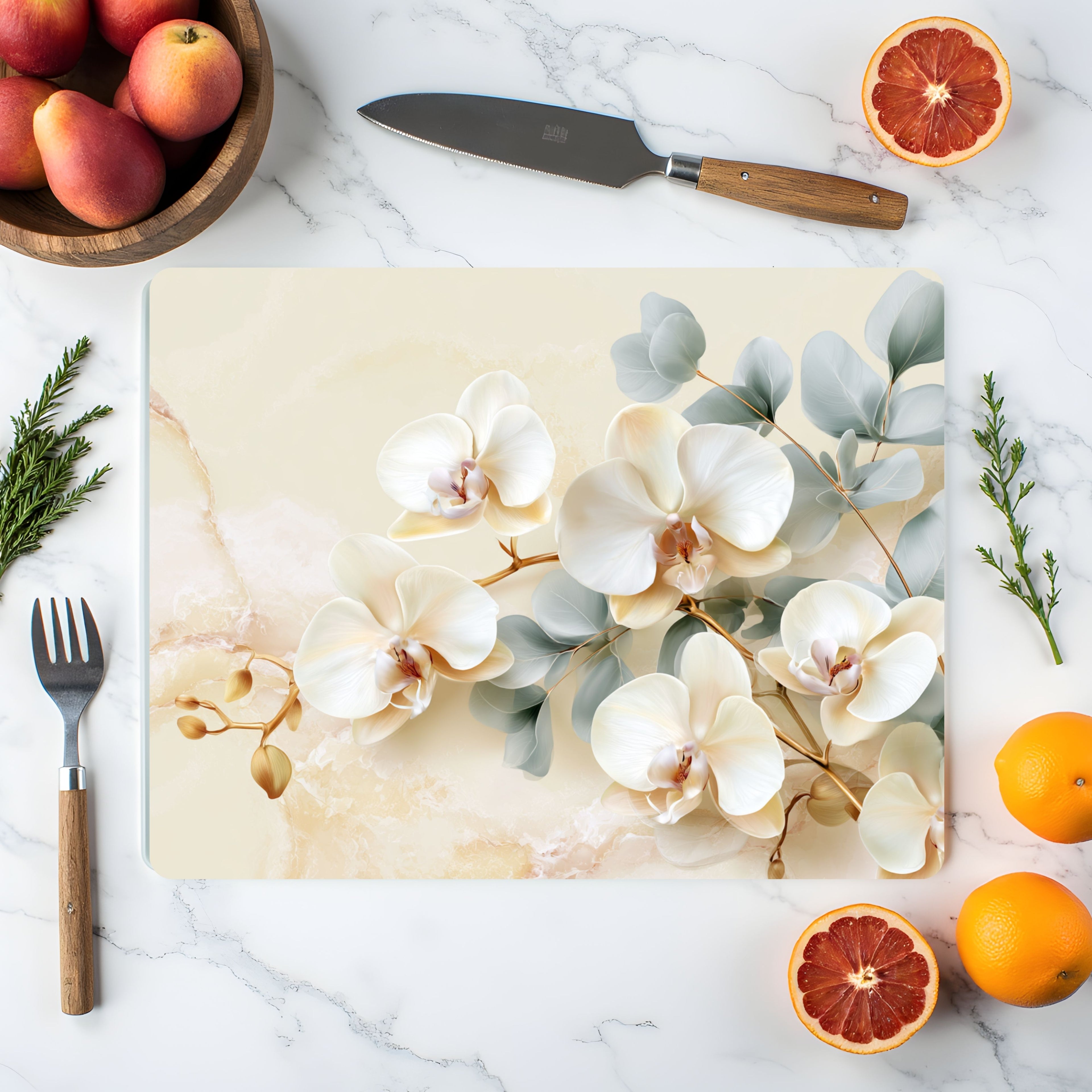 White Orchid Glass Cutting Board Personalized for Sophisticated Kitchen Décor