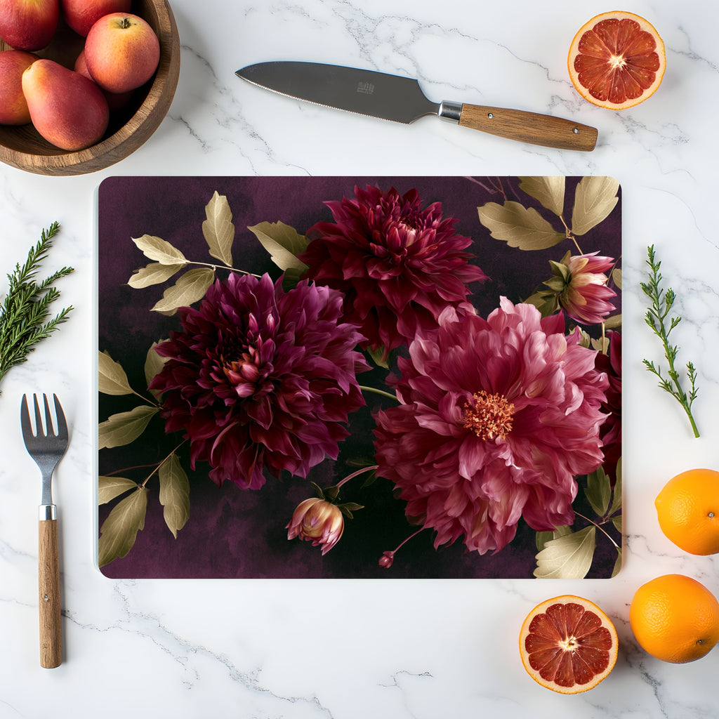 Dark Burgundy Dahlia Glass Cutting Board Personalized for Luxury Kitchen Décor