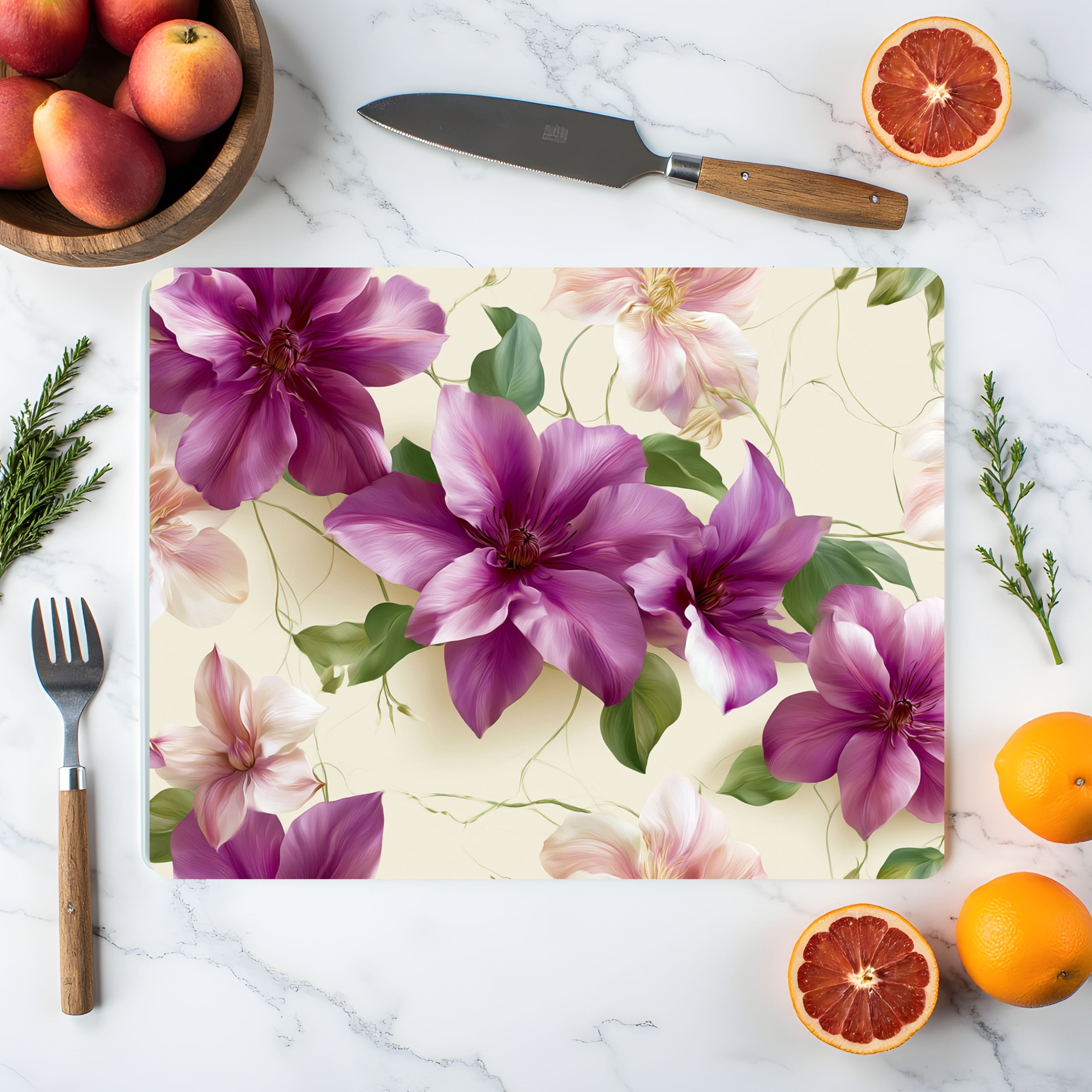 Clematis Garden Glass Cutting Board Personalized for Elegant Kitchen Gatherings