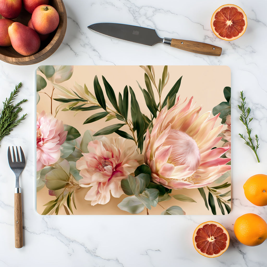 Protea Bloom Glass Cutting Board Personalized for Modern Botanical Kitchens