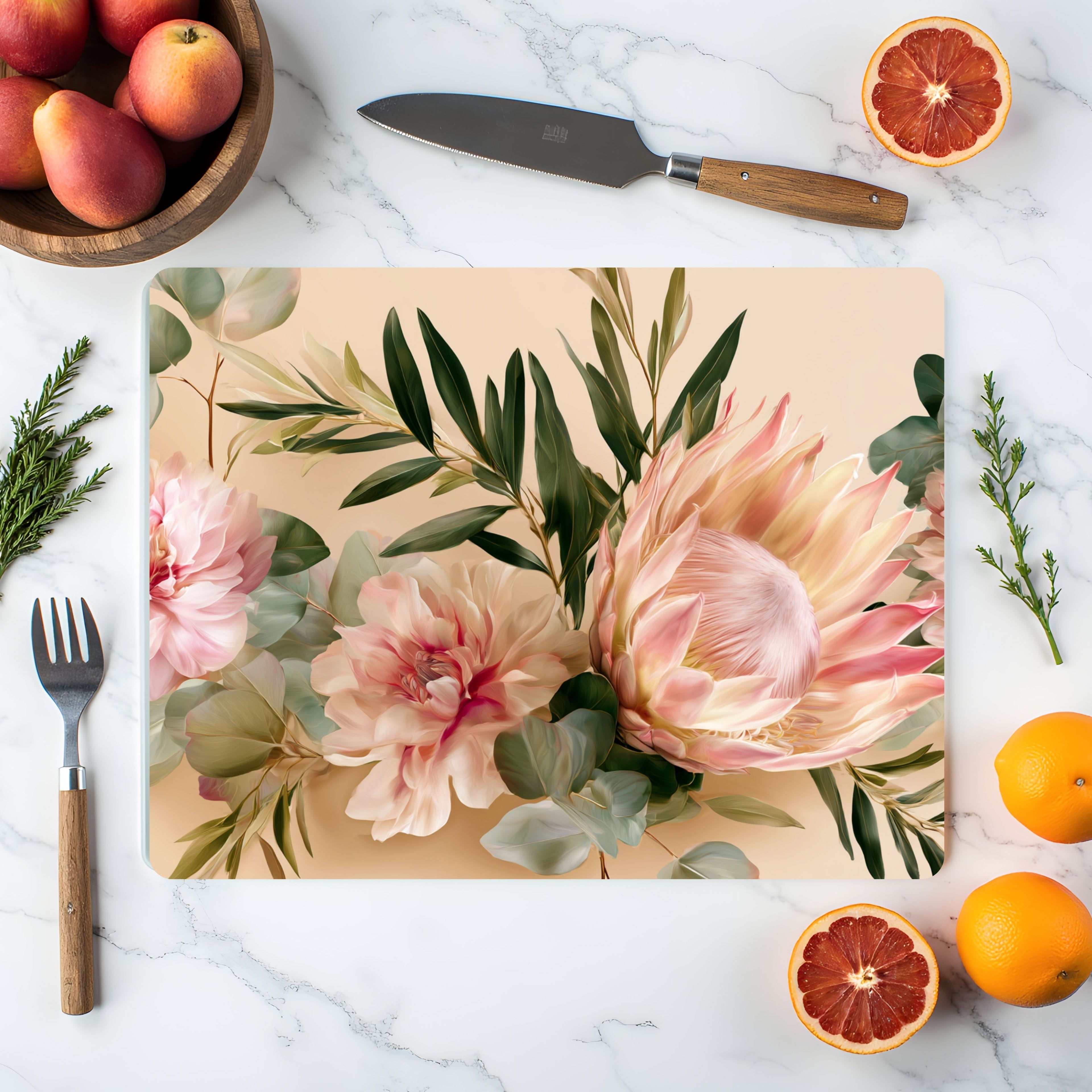 Protea Bloom Glass Cutting Board Personalized for Modern Botanical Kitchens