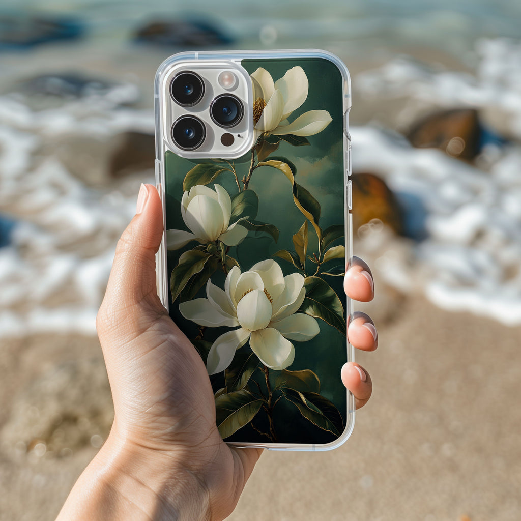 Personalized Magnolia iPhone Case with Custom Name & Botanical Elegance