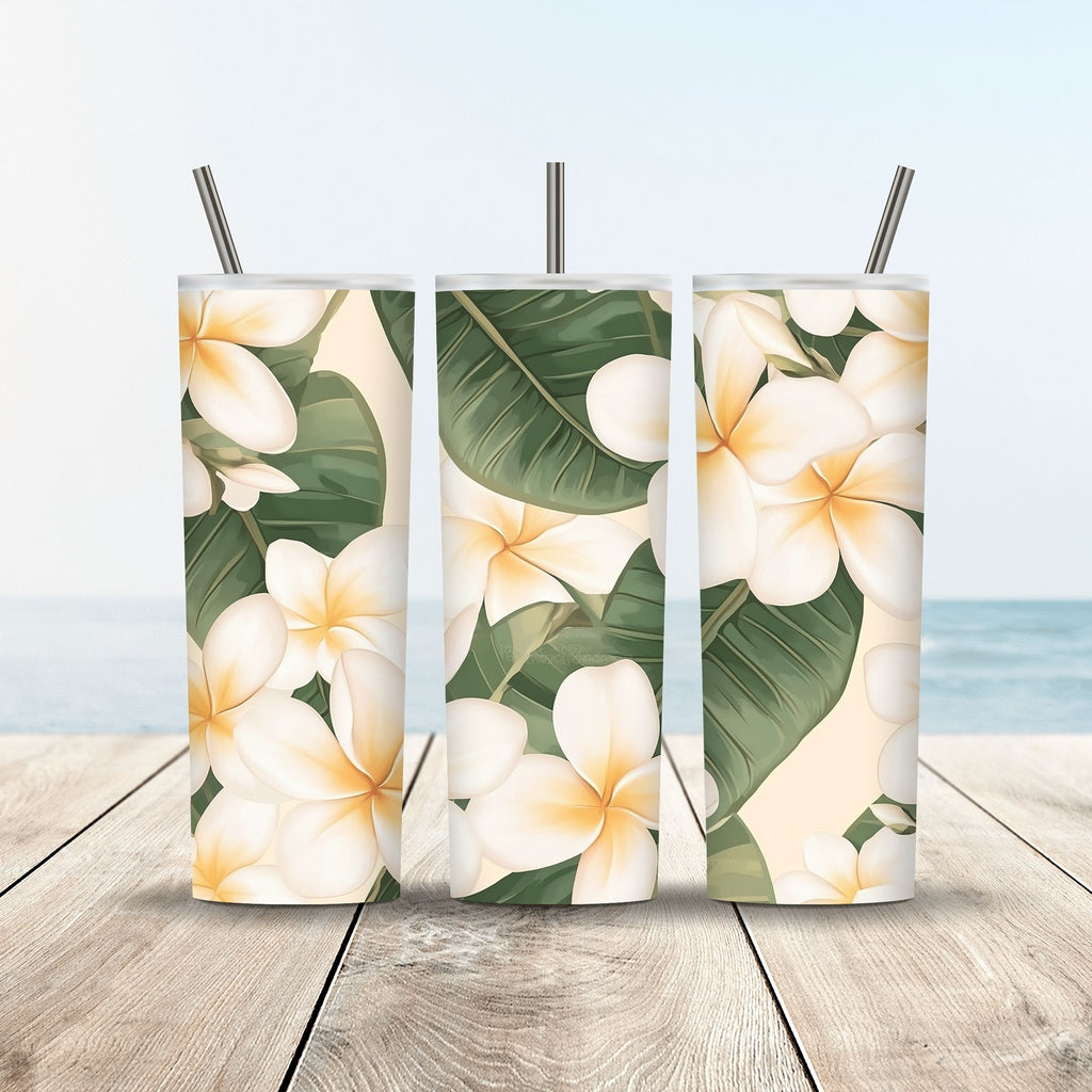 Personalized White Plumeria Tumbler with Custom Name Tropical Travel Cup Gift