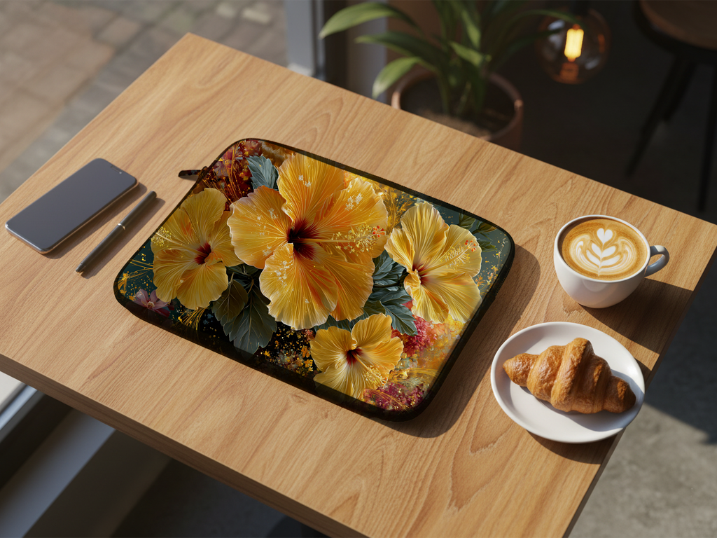 Hibiscus Botanical Laptop Sleeve Custom Printed with Name for Everyday Travel