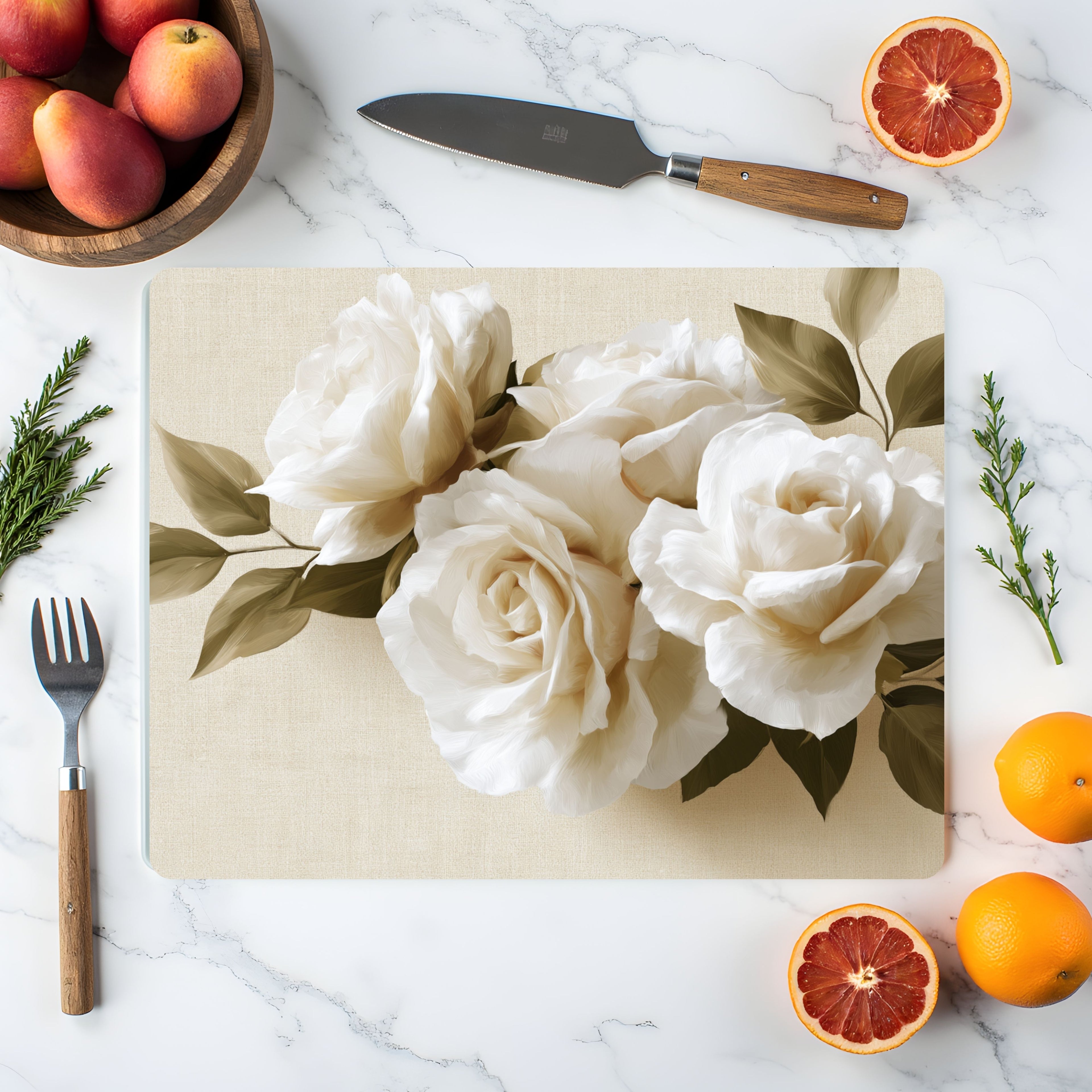 Cream Rose Glass Cutting Board Personalized for Timeless Cottage Kitchen Style