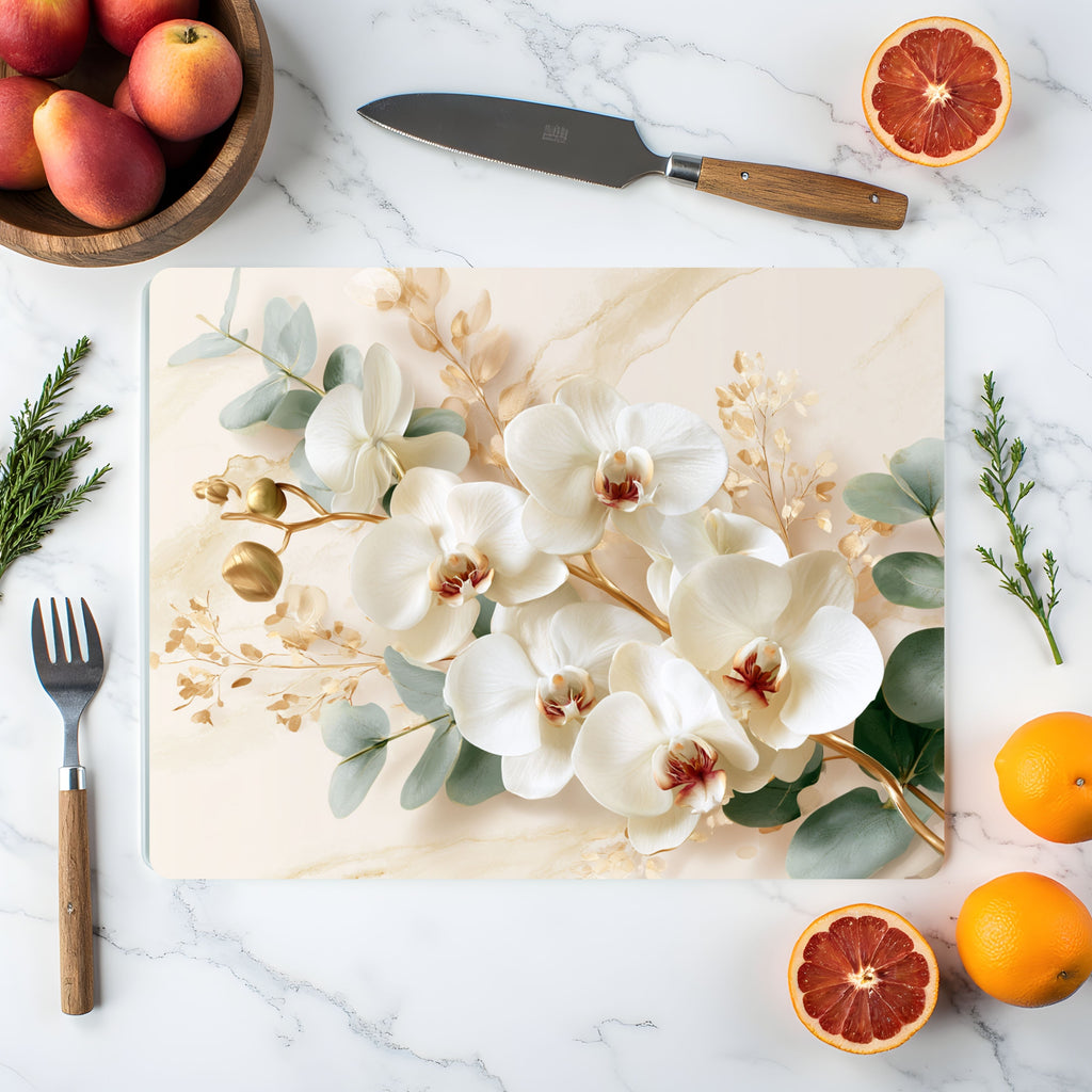 Cream Orchid Glass Cutting Board Personalized for Graceful Kitchen Styling