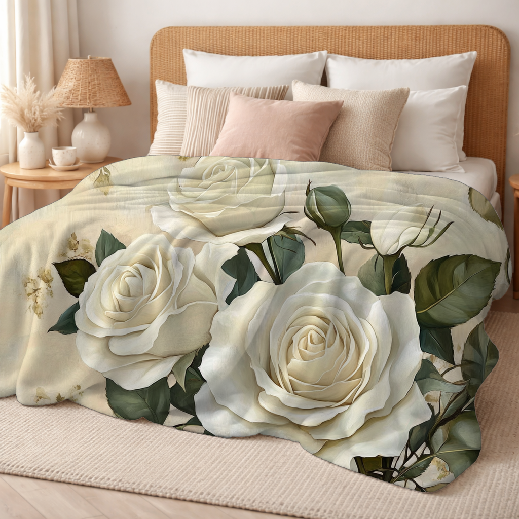 Personalized White Rose Sherpa Blanket with Custom Name