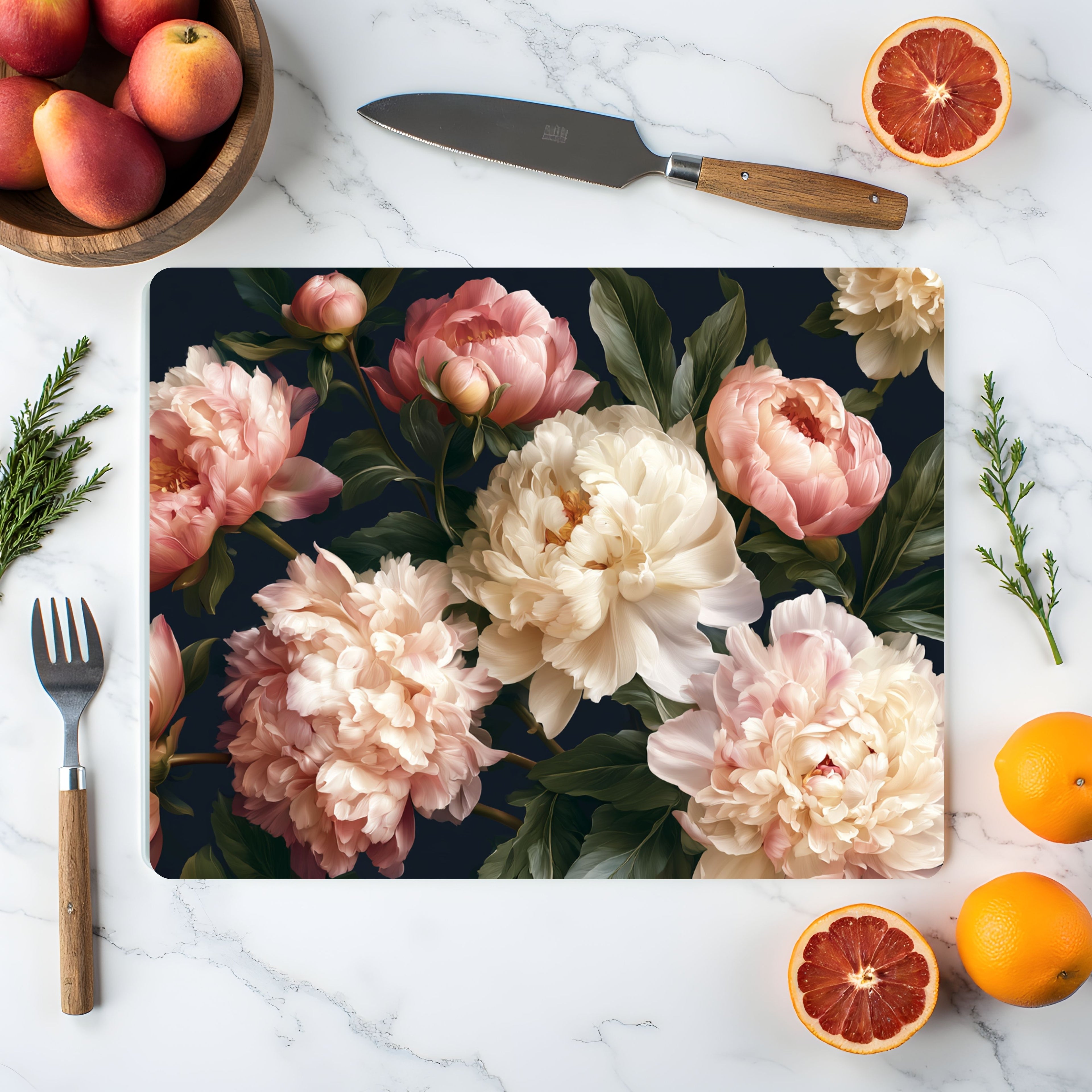 Peony Garden Glass Cutting Board Personalized for Elegant Kitchen Entertaining
