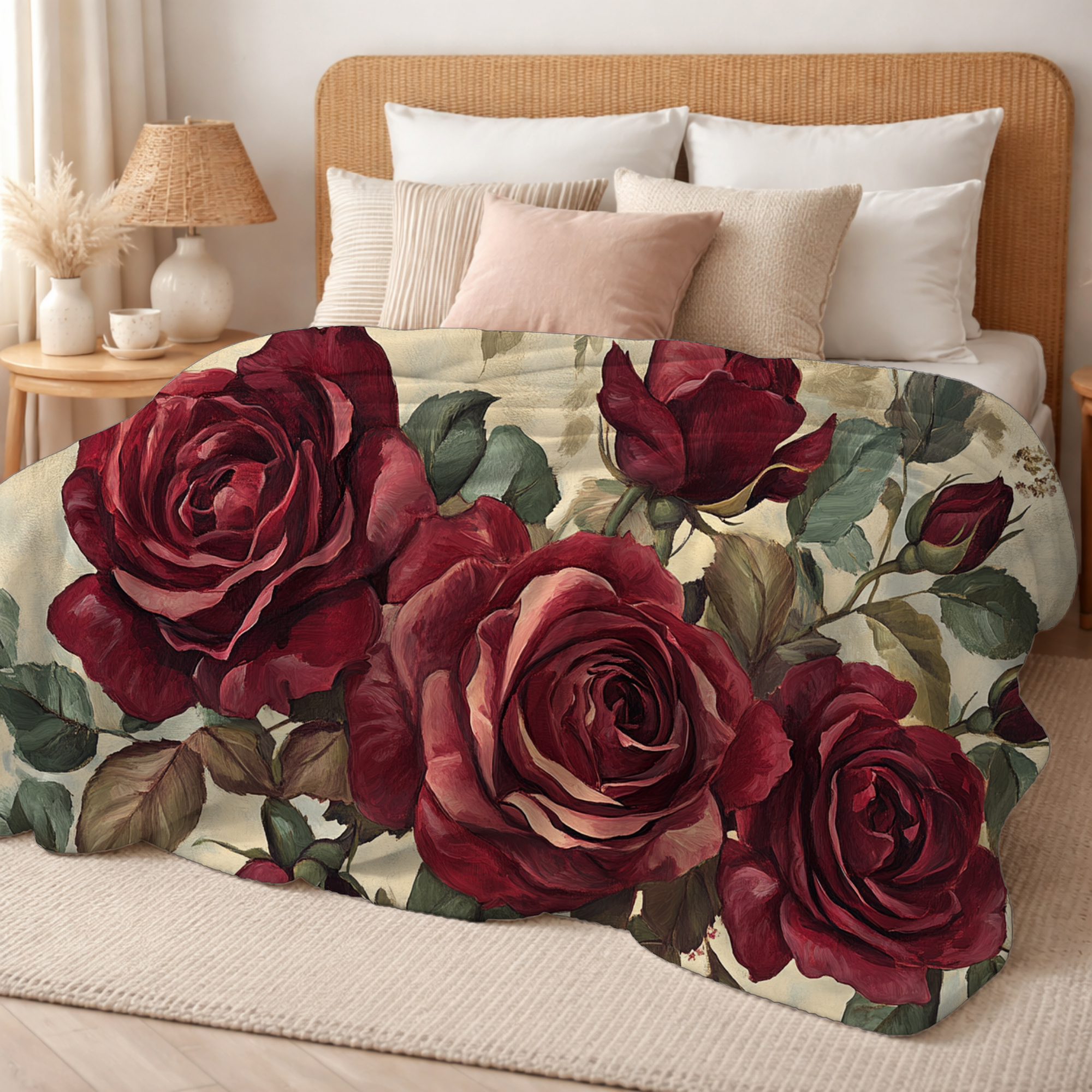 Personalized Spring Red Rose Sherpa Blanket with Custom Name