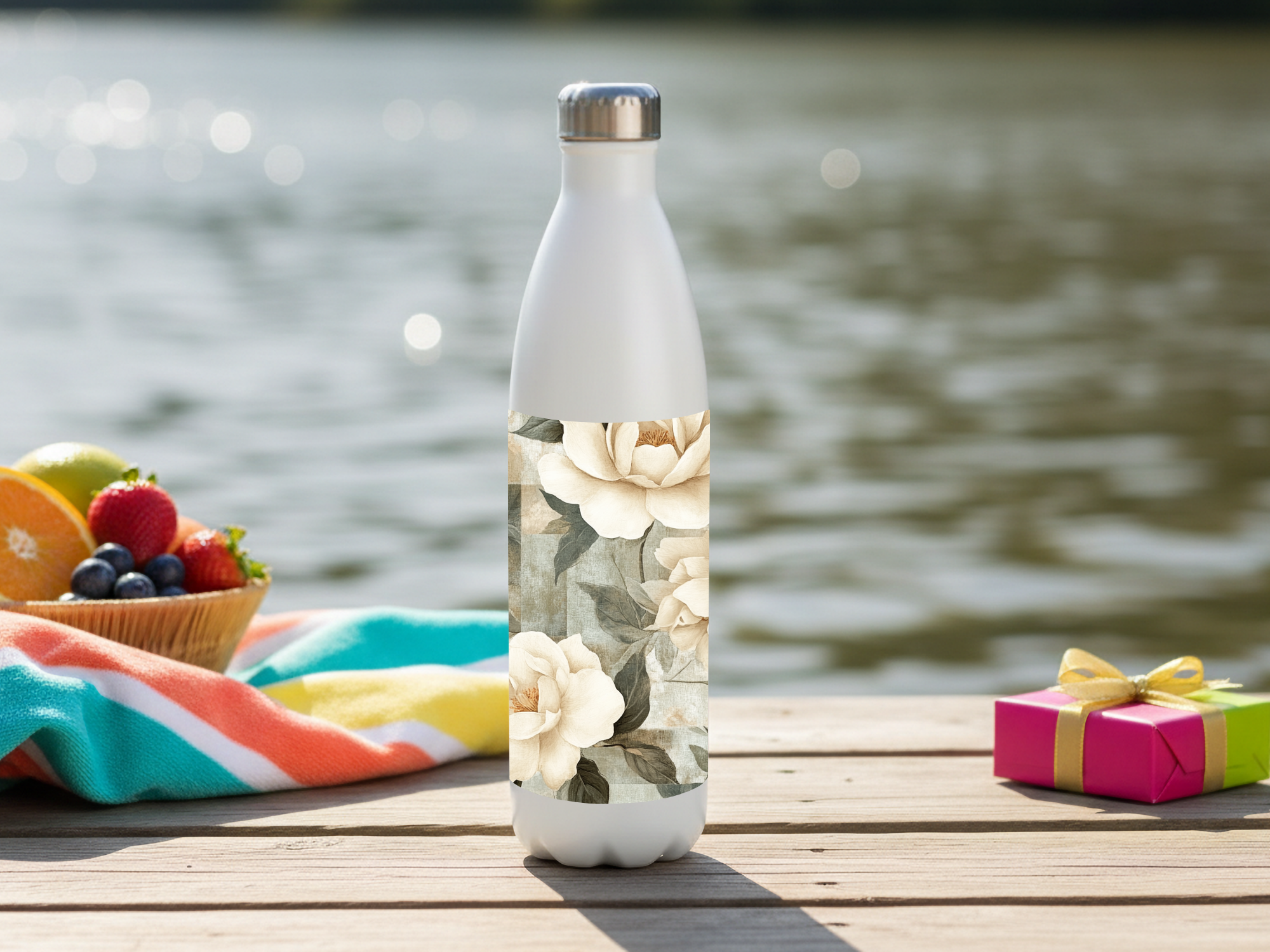 Personalized Camellia Water Bottle with Custom Name Floral Artwork