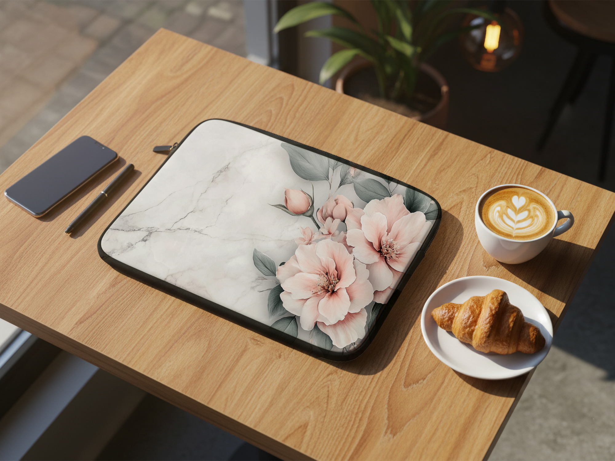 Blush Camellia Flower Laptop Sleeve Personalized with Name Botanical Tech Case