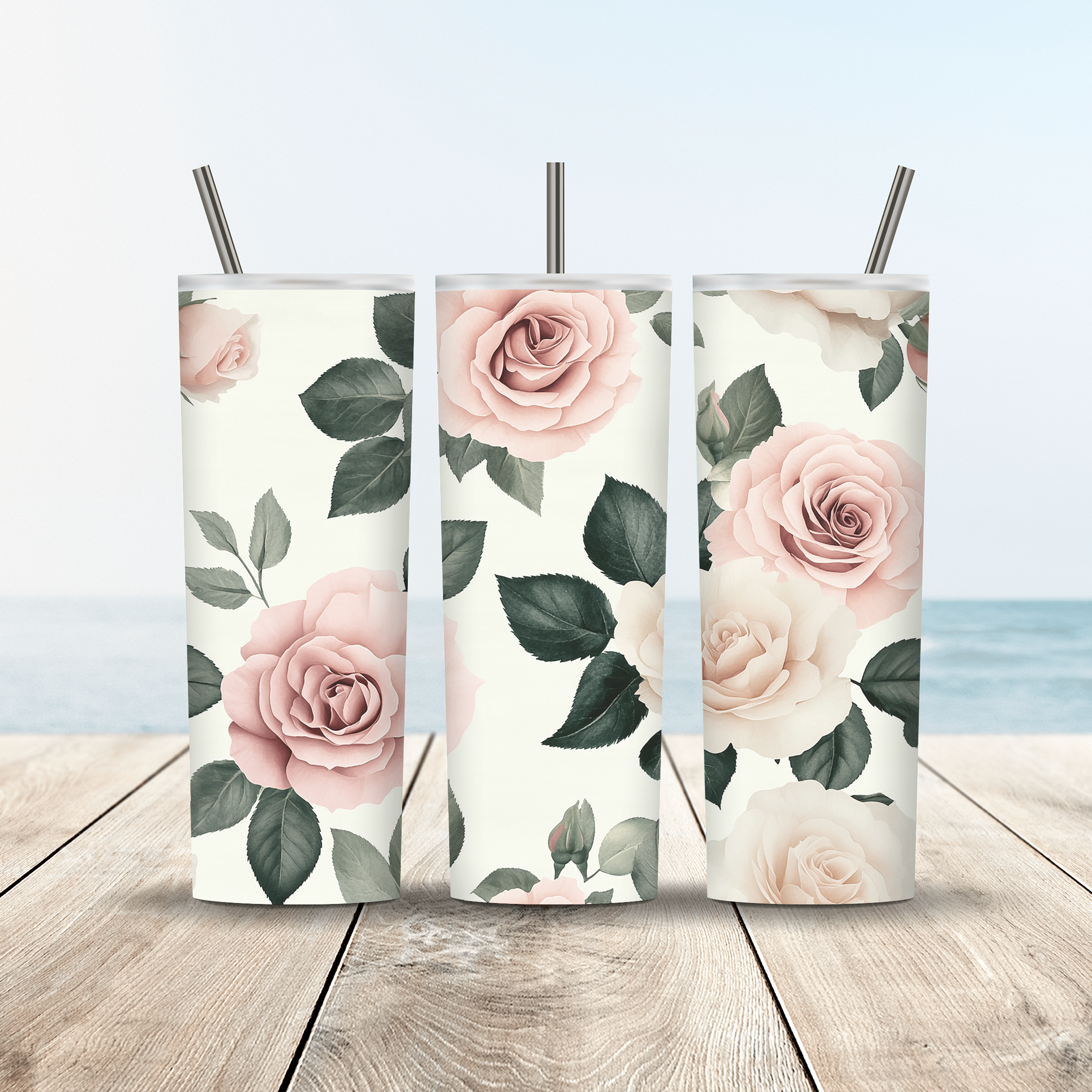 Personalized Blush Rose Tumbler, Custom Botanical Floral Gift