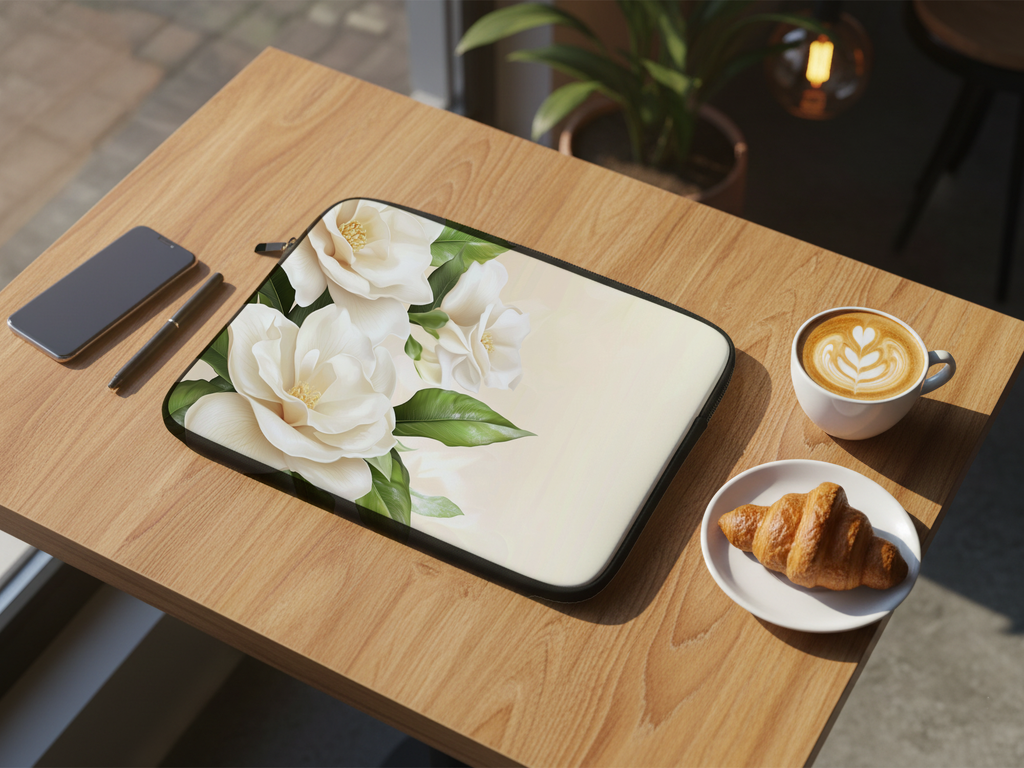 White Magnolia Bloom Laptop Case with Personalized Name