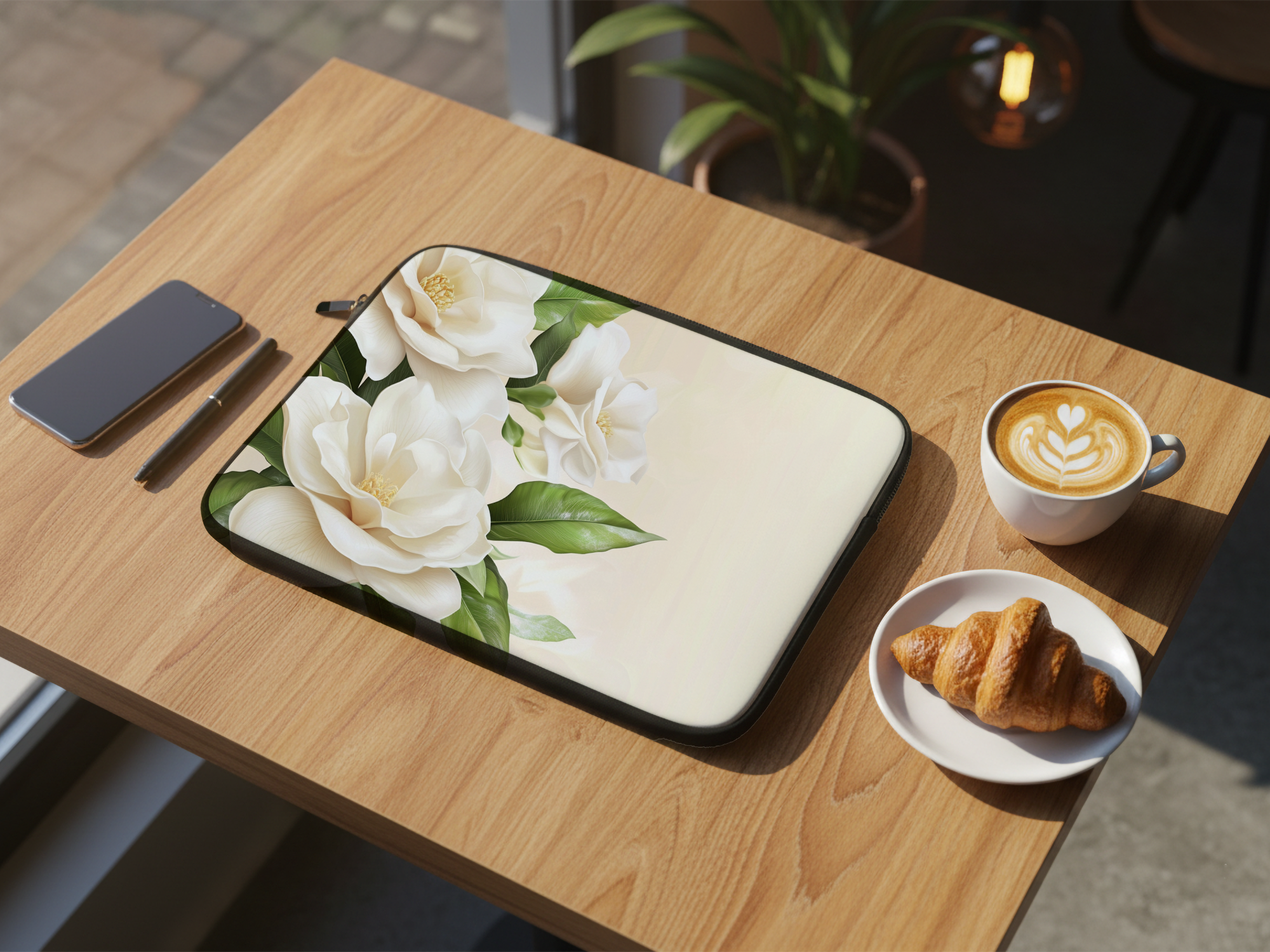 White Magnolia Bloom Laptop Case with Personalized Name