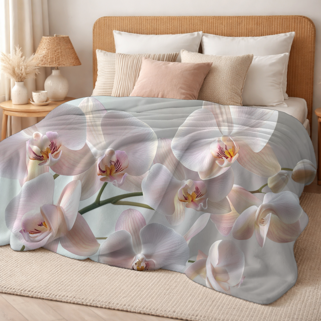 Personalized White Orchid Sherpa Blanket with Custom Name