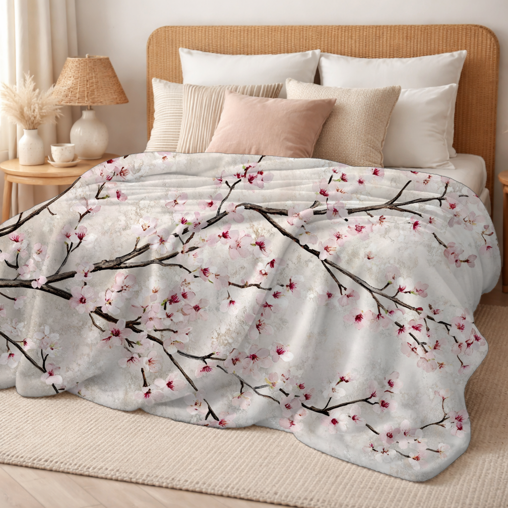 Personalized Cherry Blossom Sherpa Blanket with Custom Name