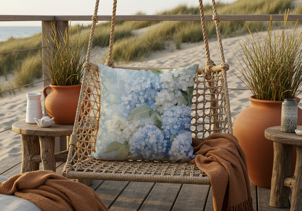 Personalized Blue Hydrangea Veranda Pillow with Custom Name