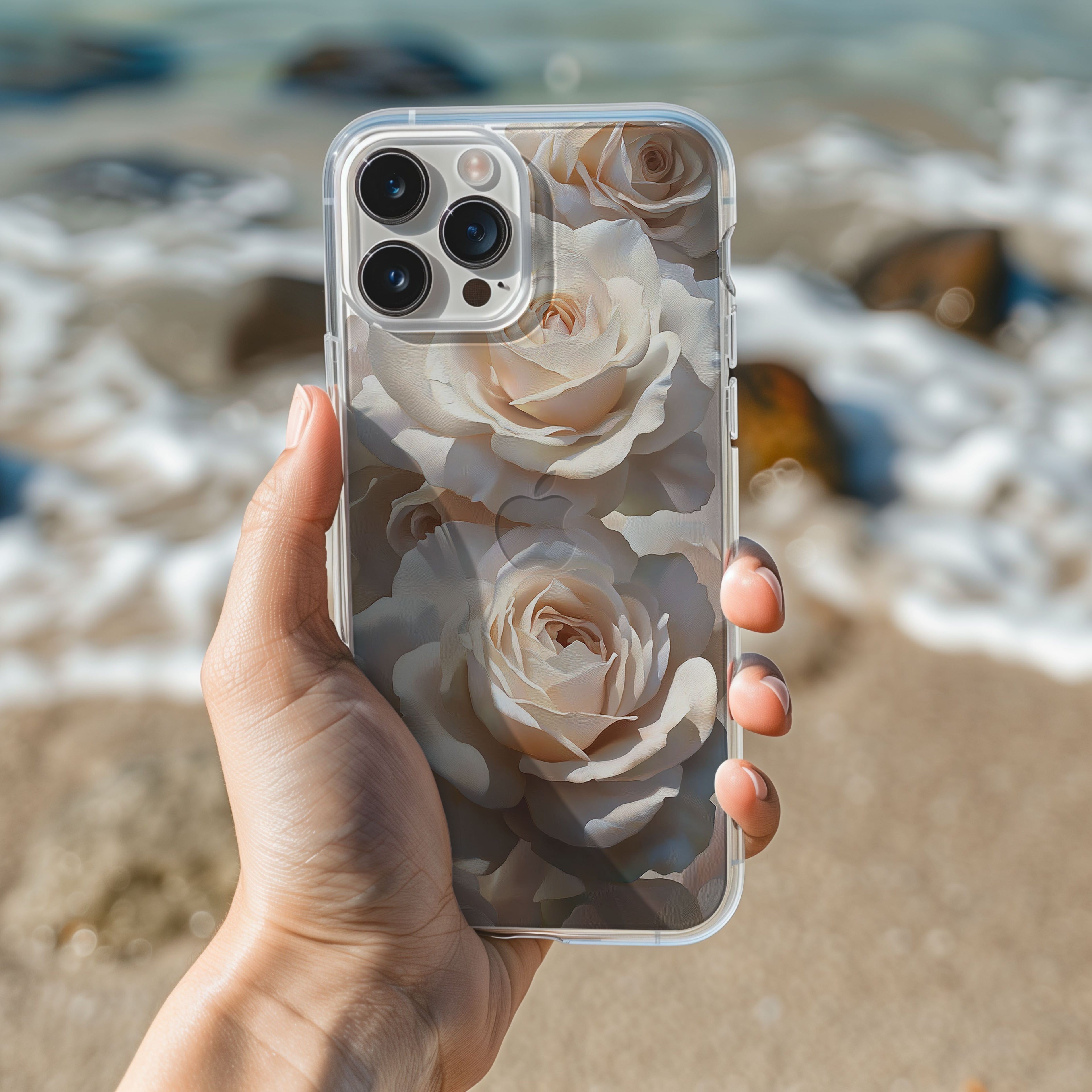 Personalized White Rose iPhone Case with Custom Name & Botanical Art Cover